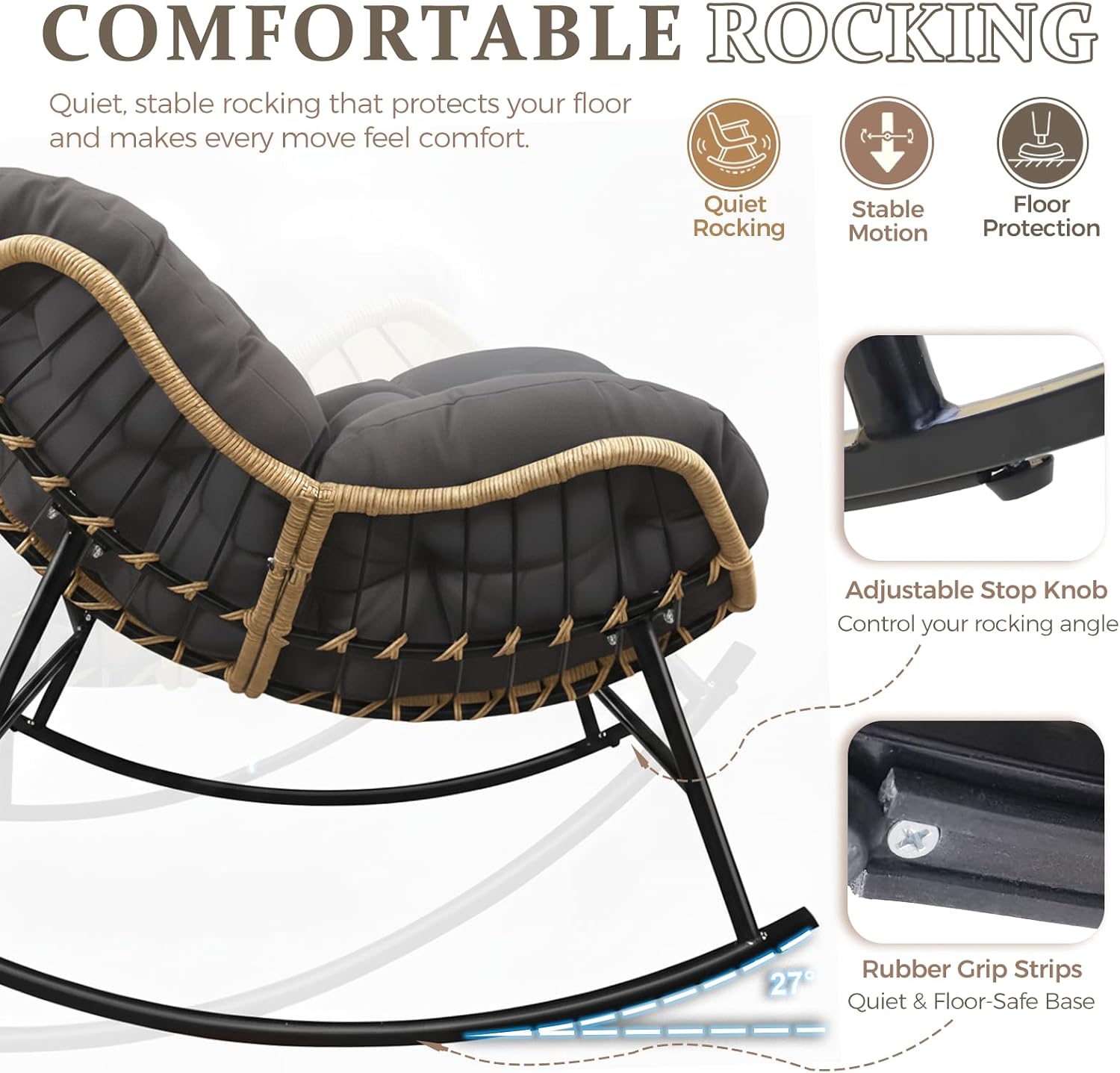 FINCATI Indoor Outdoor Papasan Rocking Chair, Modern Large Reading Lounge Recliner with Cushion, Comfy Big Wicker Rattan Egg Chairs, 450 lbs Sturdy Glider for Bedroom Living Room Porch Garden Grey