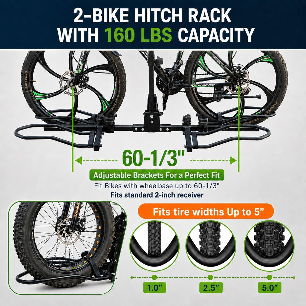 Bike Rack Hitch, 2 Bike Rack for Hitch, Hitch Mount Bike Rack for Car SUV Truck, 160 lbs Capacity, Foldable Tilt-Away Trailer Hitch Bike Rack for E-Bikes and Fat Tire Bikes, Fits 2' Receiver