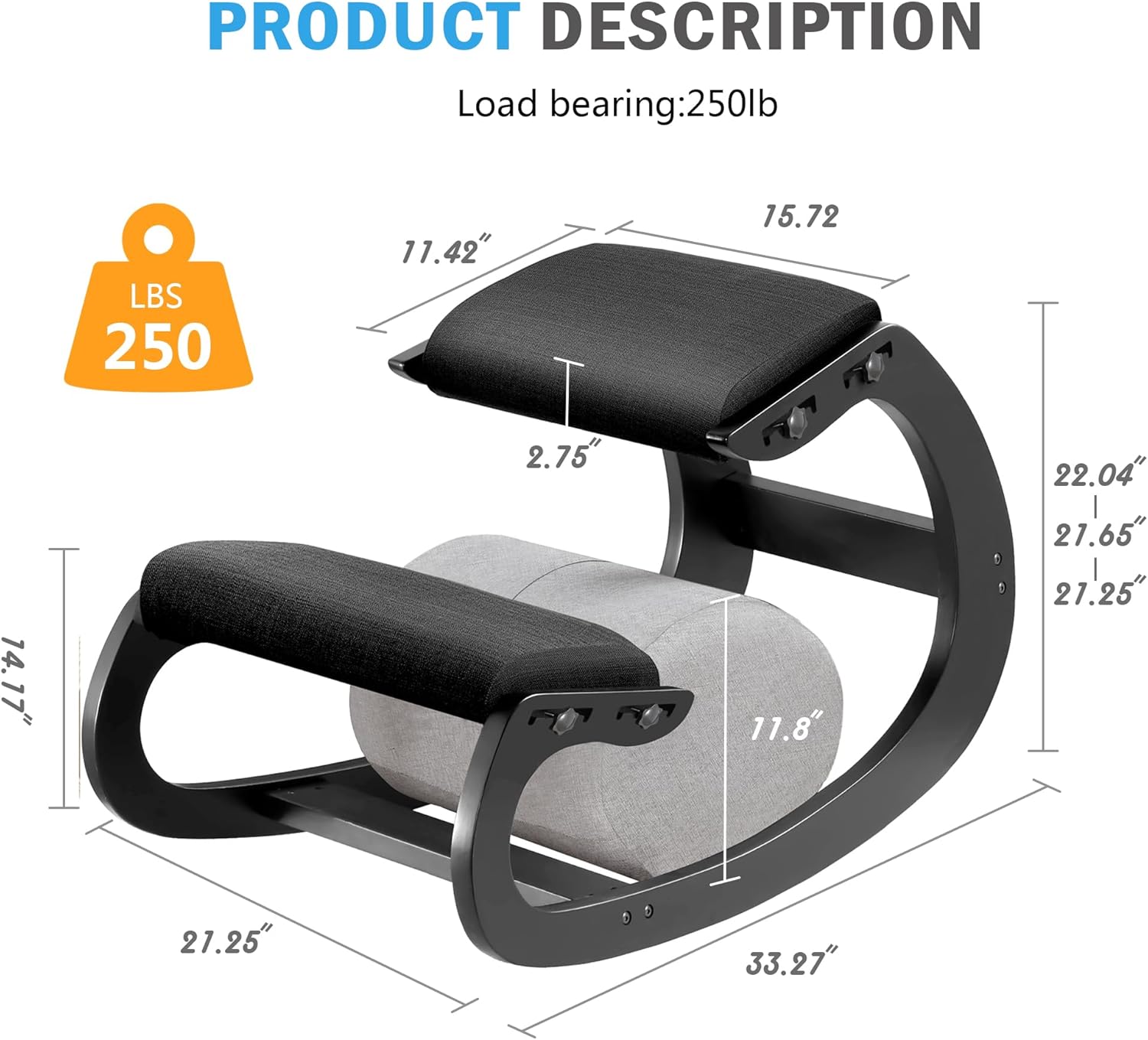Adjustable Kneeling Chair, Wooden Ergonomic Chair Knee Chair Posture Chair - Improve Your Posture with an Angled Seat for Home,Office (Cylindrical Black)