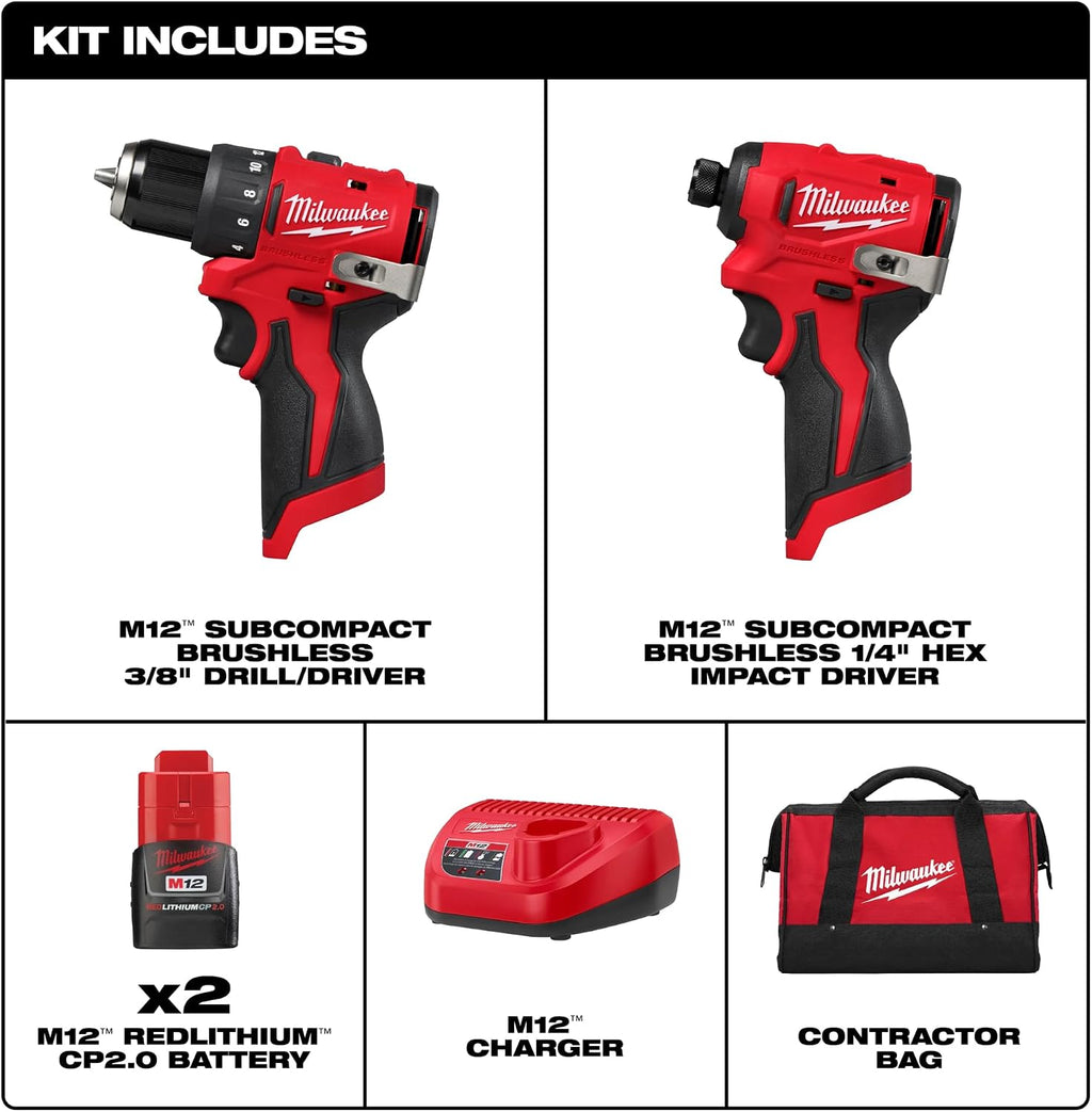 Milwaukee Electric - M12 SUBCOMPACT BRUSHLESS 2-Tool Combo KIT
