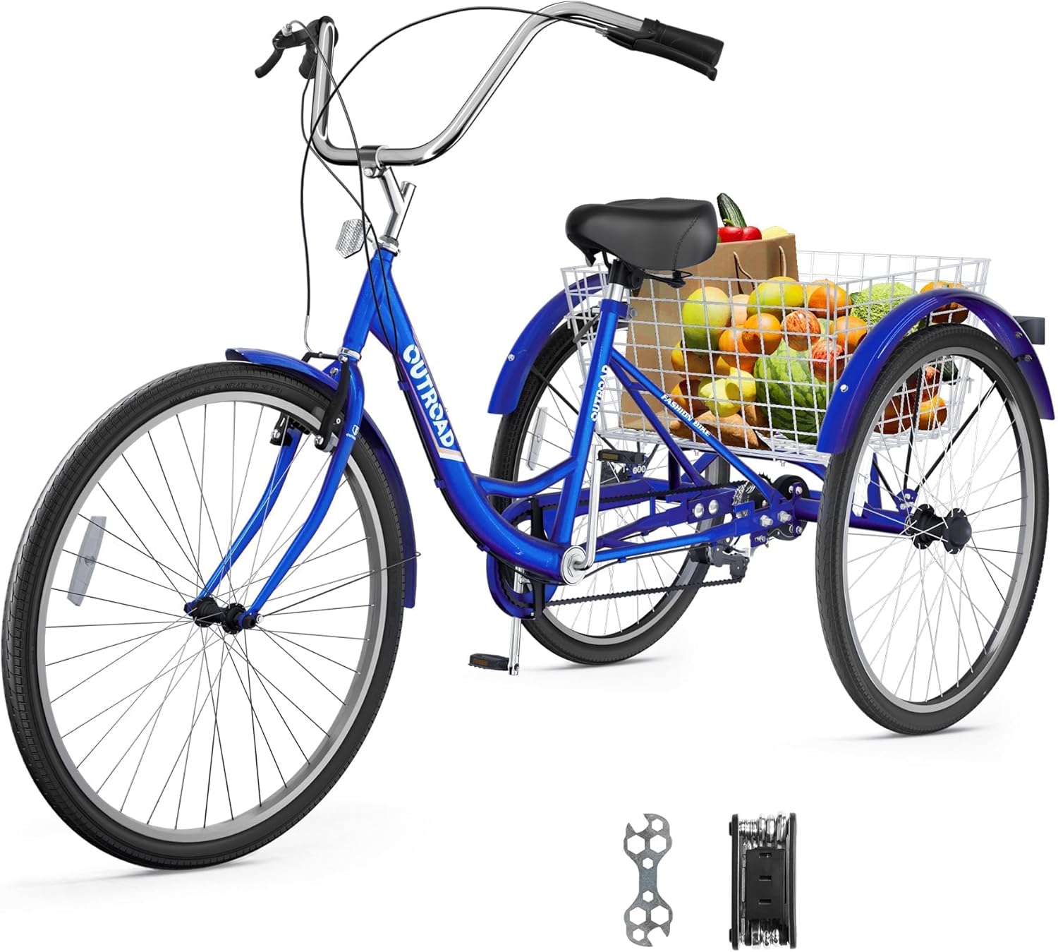 Max4out Adult Tricycle with Large Basket 24/26 Inch, Stable 3 Wheel Cruise Bicycle for Shopping, Beach and City Trike Perfect for Men, Women, Seniors（Blue/Purple/Red）