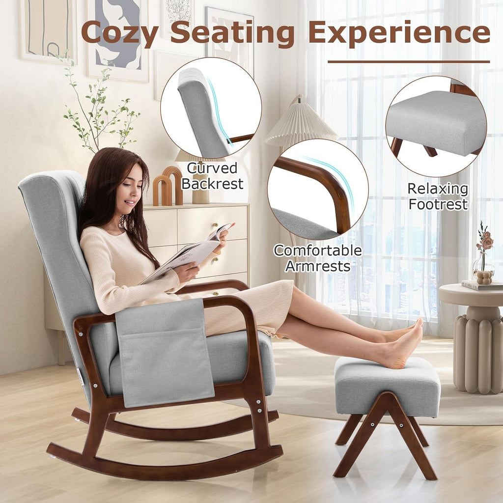 GOFLAME Nursery Rocking Chair with Ottoman, Upholstered Glider Rocker with Tufted High Backrest and Side Pocket, Modern Accent Chair with Footrest, Comfy Armchair for Living Room, Bedroom, Grey