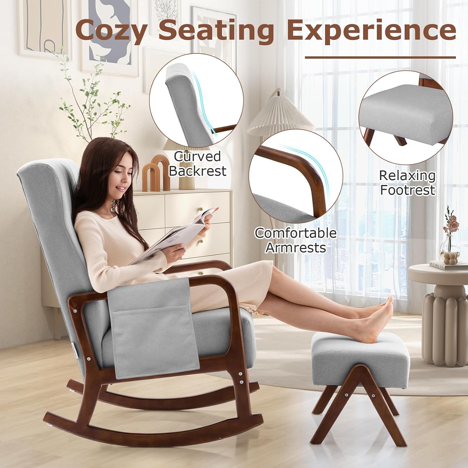 GOFLAME Nursery Rocking Chair with Ottoman, Upholstered Glider Rocker with Tufted High Backrest and Side Pocket, Modern Accent Chair with Footrest, Comfy Armchair for Living Room, Bedroom, Grey