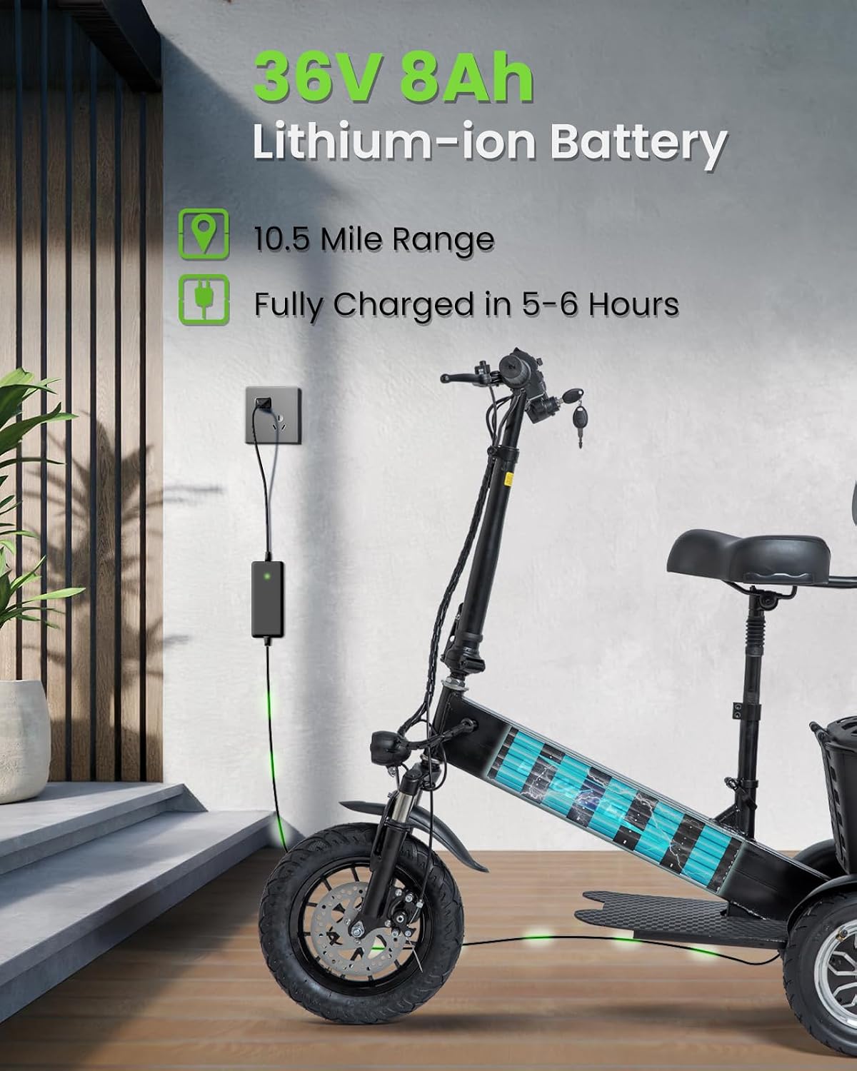3 Wheel Electric Scooter for Adults, 3 Wheel Mobility Scooter for Adults, 330 lbs Load, Long Range, with Charger & Basket, Fits in Car Trunks for Daily Rides