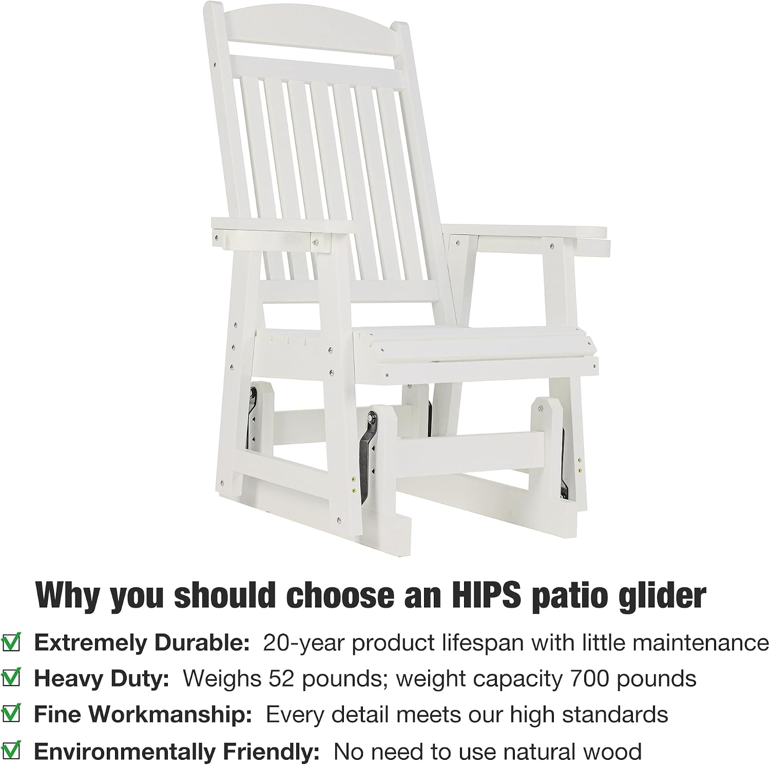 Poly Lumber Patio Glider for One Person, with Cup Holders, High Backrest and Deep Contoured Seat, HIPS Material, All-Weather Resistant, Heavy Duty 700 LBS (Ivory White)