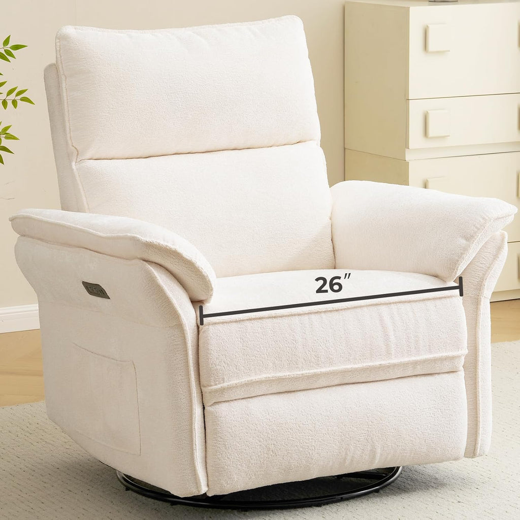 Oversized Power Recliner Chair Swivel Glider with Massage and Heat, Rocker Nursery Recliner for Adults with Adjustable Headrest, 26' Extra Wide Nursery Chair with Overstuffed Armrest,White