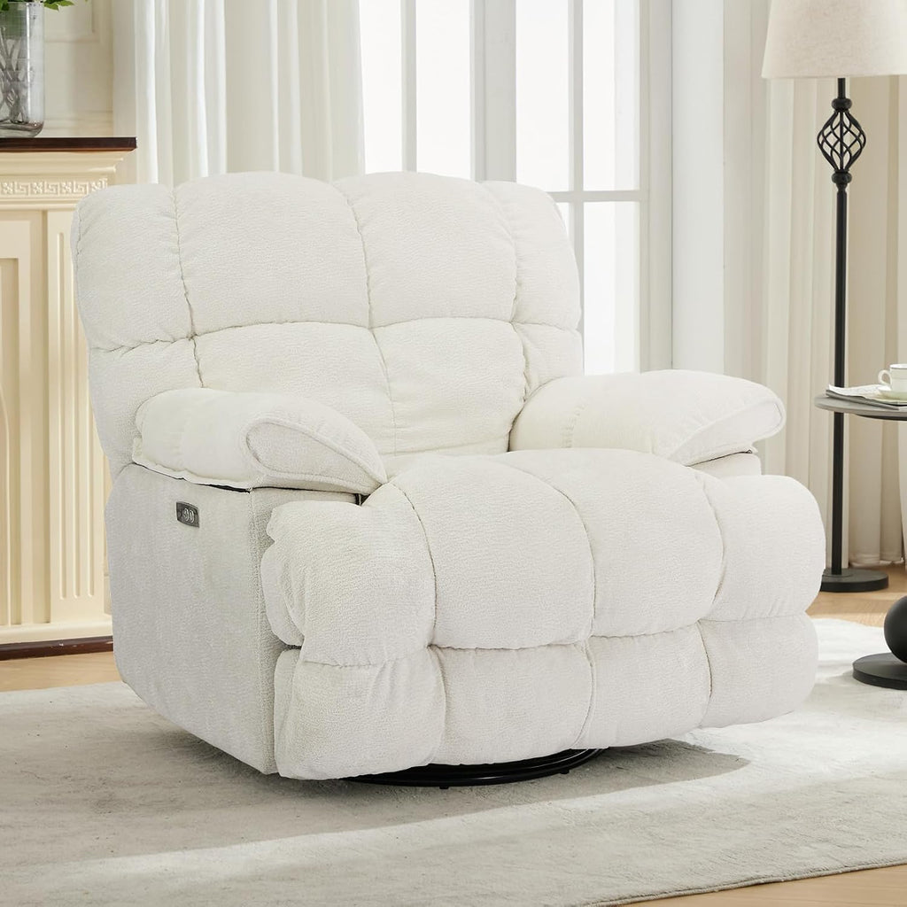 GINGO Power Oversized Recliner Chair Set of 2, Extra Wide Swivel Rocking Recliner Chair, Breathable Soft Fabric Modern Single Sofa for Living Room, Electric Adjustable Angle, USB & Type-C Port, White