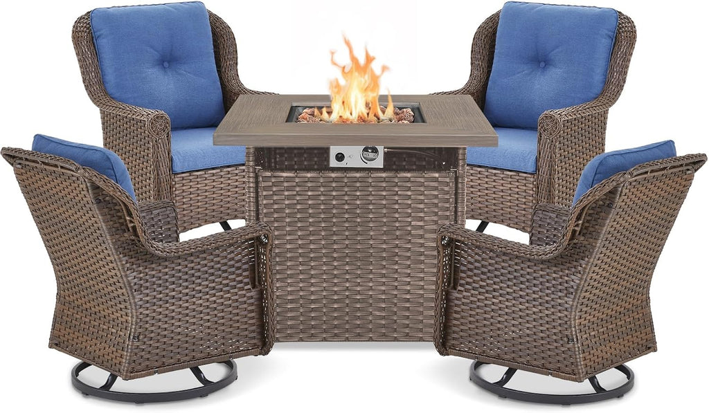 Outdoor Patio Swivel Gliders with Fire Pit Table 5 Piece Set - High Back Brown Wicker Rattan Rocking Chair with Thick Cushion for Porch Apartment Deck Yard Poolside Garden - Navy Blue