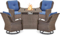 Outdoor Patio Swivel Gliders with Fire Pit Table 5 Piece Set - High Back Brown Wicker Rattan Rocking Chair with Thick Cushion for Porch Apartment Deck Yard Poolside Garden - Navy Blue