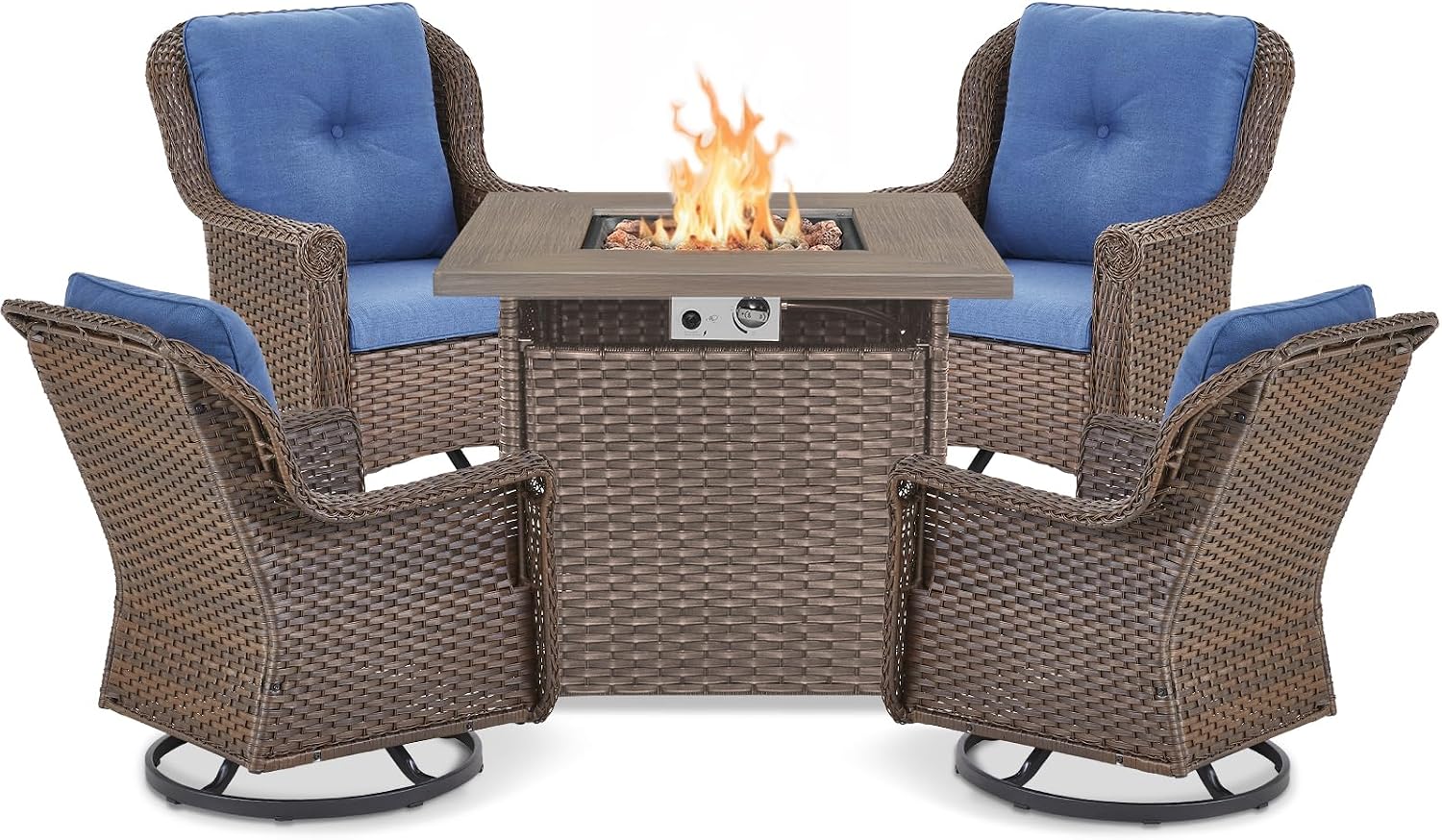Outdoor Patio Swivel Gliders with Fire Pit Table 5 Piece Set - High Back Brown Wicker Rattan Rocking Chair with Thick Cushion for Porch Apartment Deck Yard Poolside Garden - Navy Blue