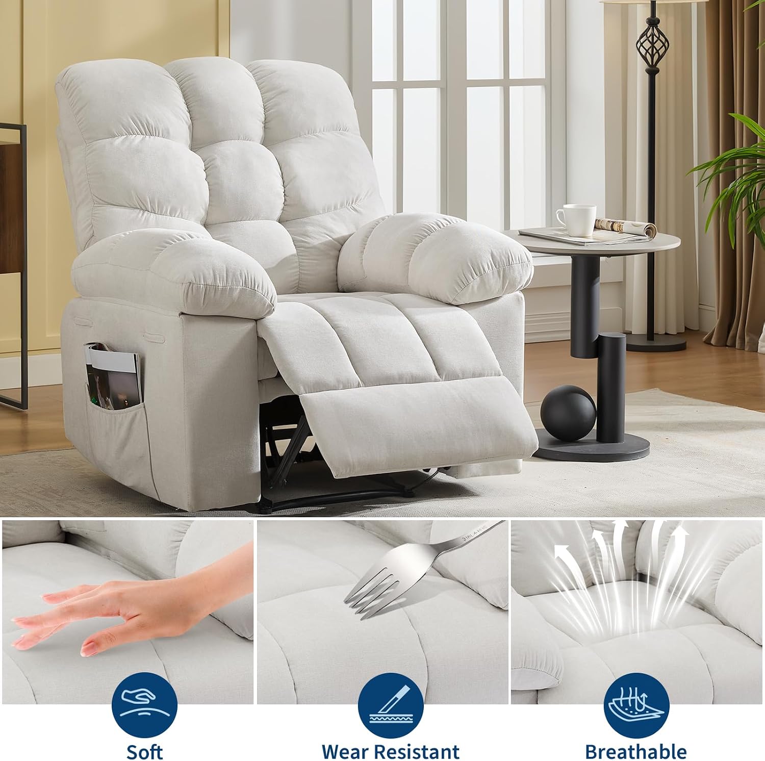 Recliner Rocking Chair with Massage & Heat, Wide Overstuffed Fabric Recliner with Breathable Upholstery, Ergonomic Design, 2 Side Pockets & Remote Control for Living Room or Bedroom (Beige)