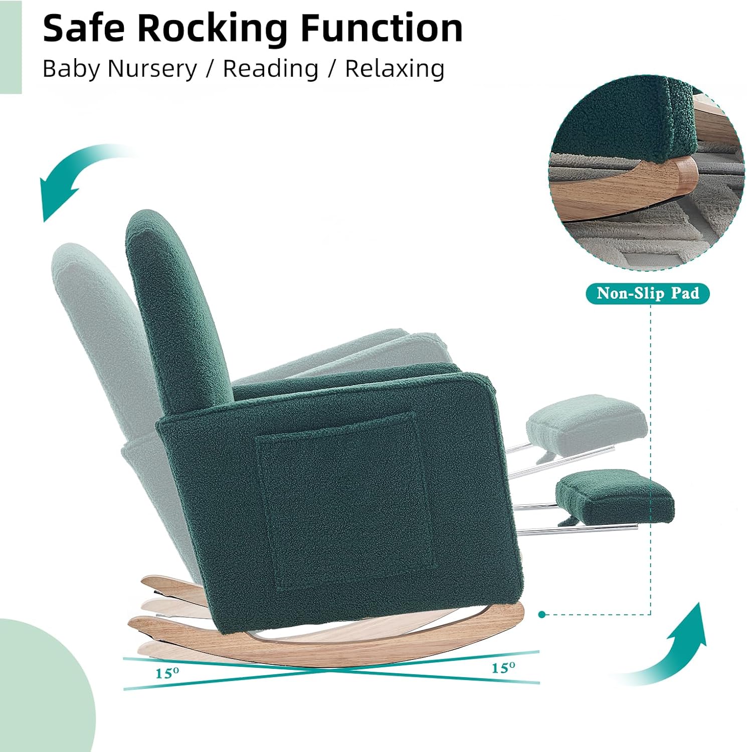 Rocking Chair Nursery with Foot Rest, Teddy Nursing Rocking Chair with High Backrest, Glider Rocker Chair for Living Room, Bedroom, Nursery(Teddy Green)