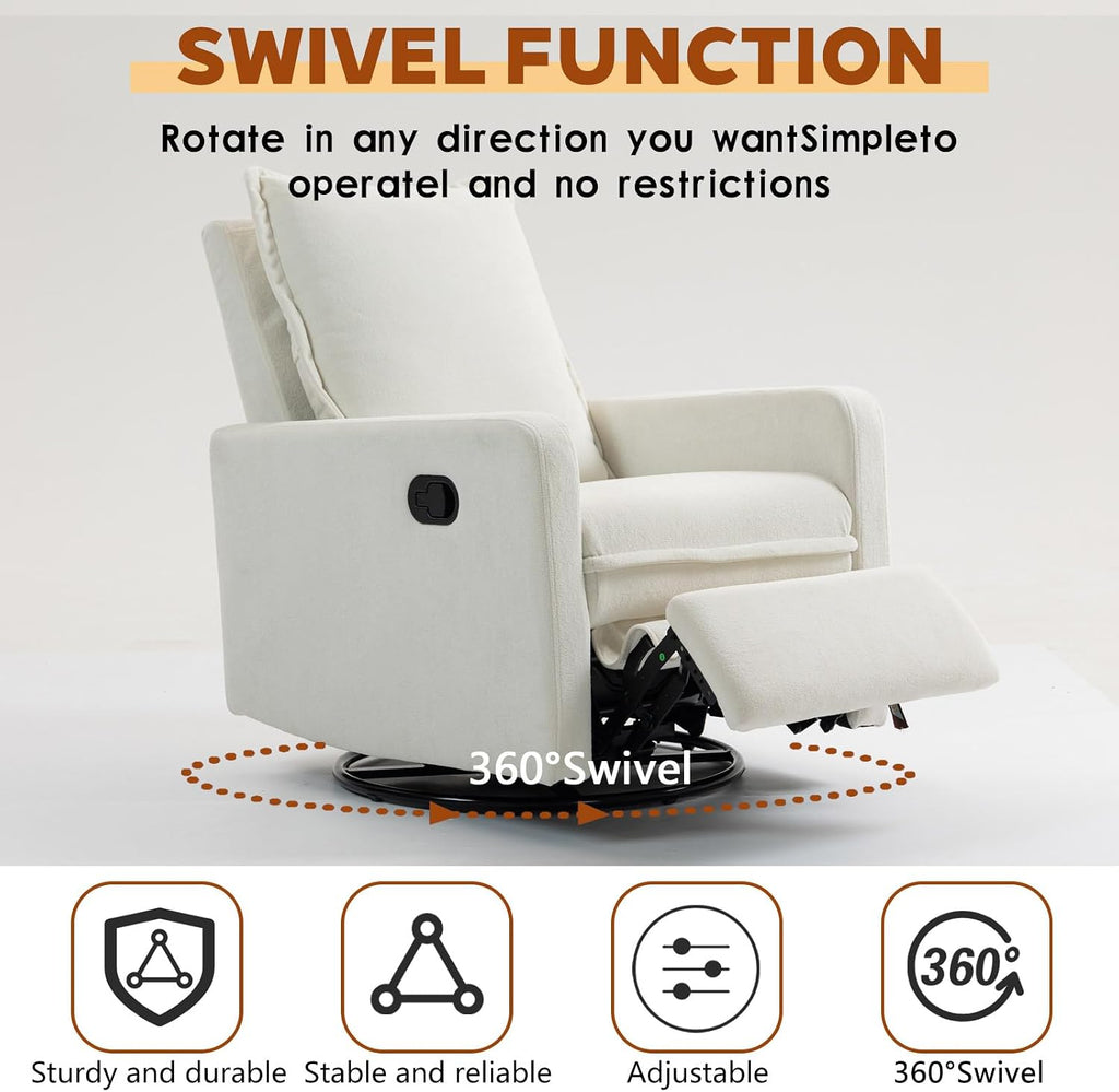 Rocker Recliner Chair for Adults, Swivel Rocker Recliner Chairs with Armrests, Glider Recliner Nursery Chair with Black Metal Base, Small Recliners for Small Spaces, Living Room (White)