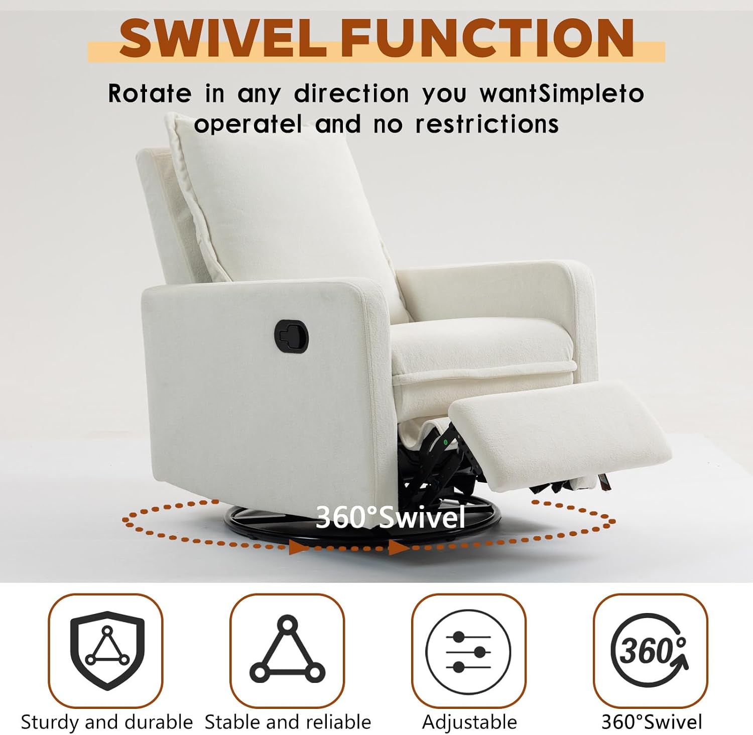 Rocker Recliner Chair for Adults, Swivel Rocker Recliner Chairs with Armrests, Glider Recliner Nursery Chair with Black Metal Base, Small Recliners for Small Spaces, Living Room (White)