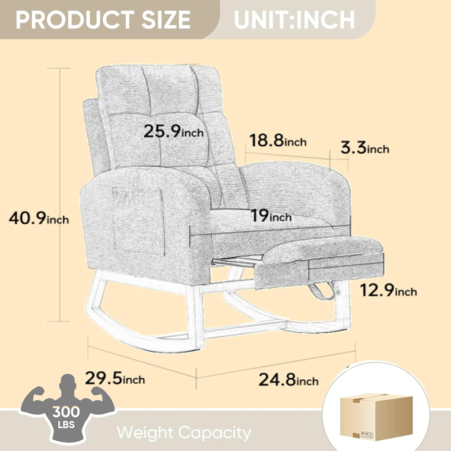 Nursery Rocking Chair Upholstered Accent Rocker Chair with Adjustable Footrest, Comfy Soft Rocker Glider Solid Rubber Wood Leg for Bedroom Living Room Nursing Room, Side Pocket, Green Classic