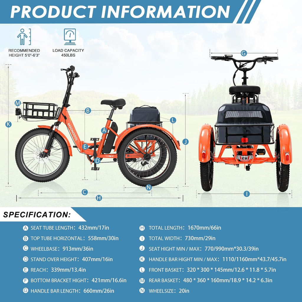 MOONCOOL Folding Electric Tricycle for Adults, 48V 500W 3 Wheels Electric Trike, Aluminum Frame Electric Tricycle Adult Bicycle with Removable Battery, Storage Bags Included