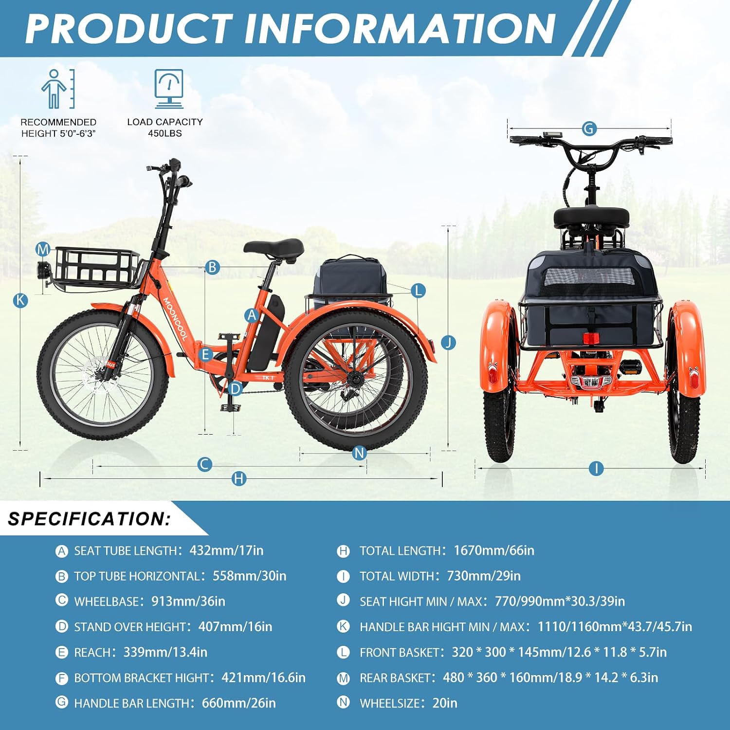 MOONCOOL Folding Electric Tricycle for Adults, 48V 500W 3 Wheels Electric Trike, Aluminum Frame Electric Tricycle Adult Bicycle with Removable Battery, Storage Bags Included