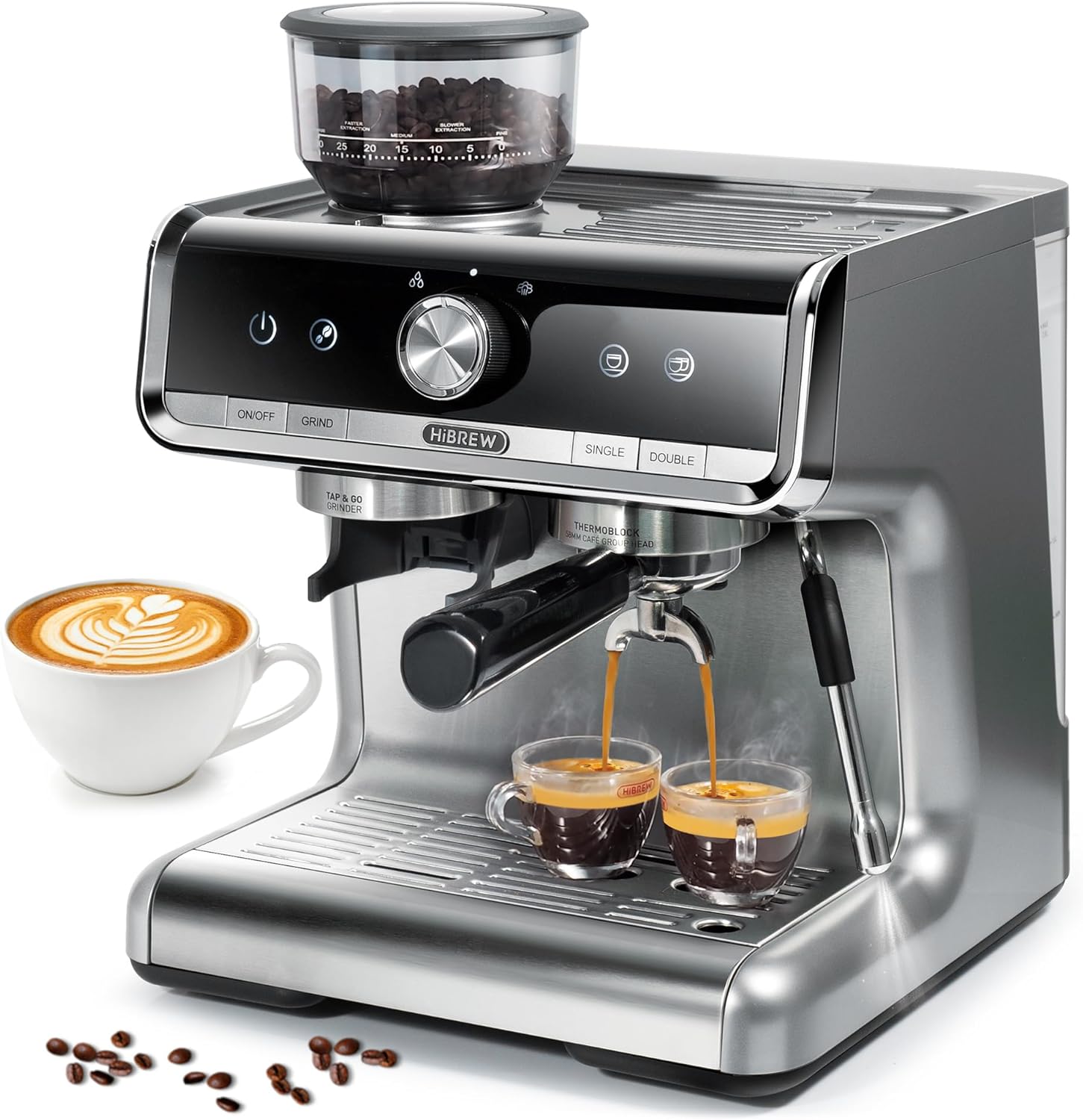 HIBREW H7 - Espresso Machine with Grinder, 58mm Coffee Machine with Milk Frother for Making Cappuccino, Latte, and American Coffee.
