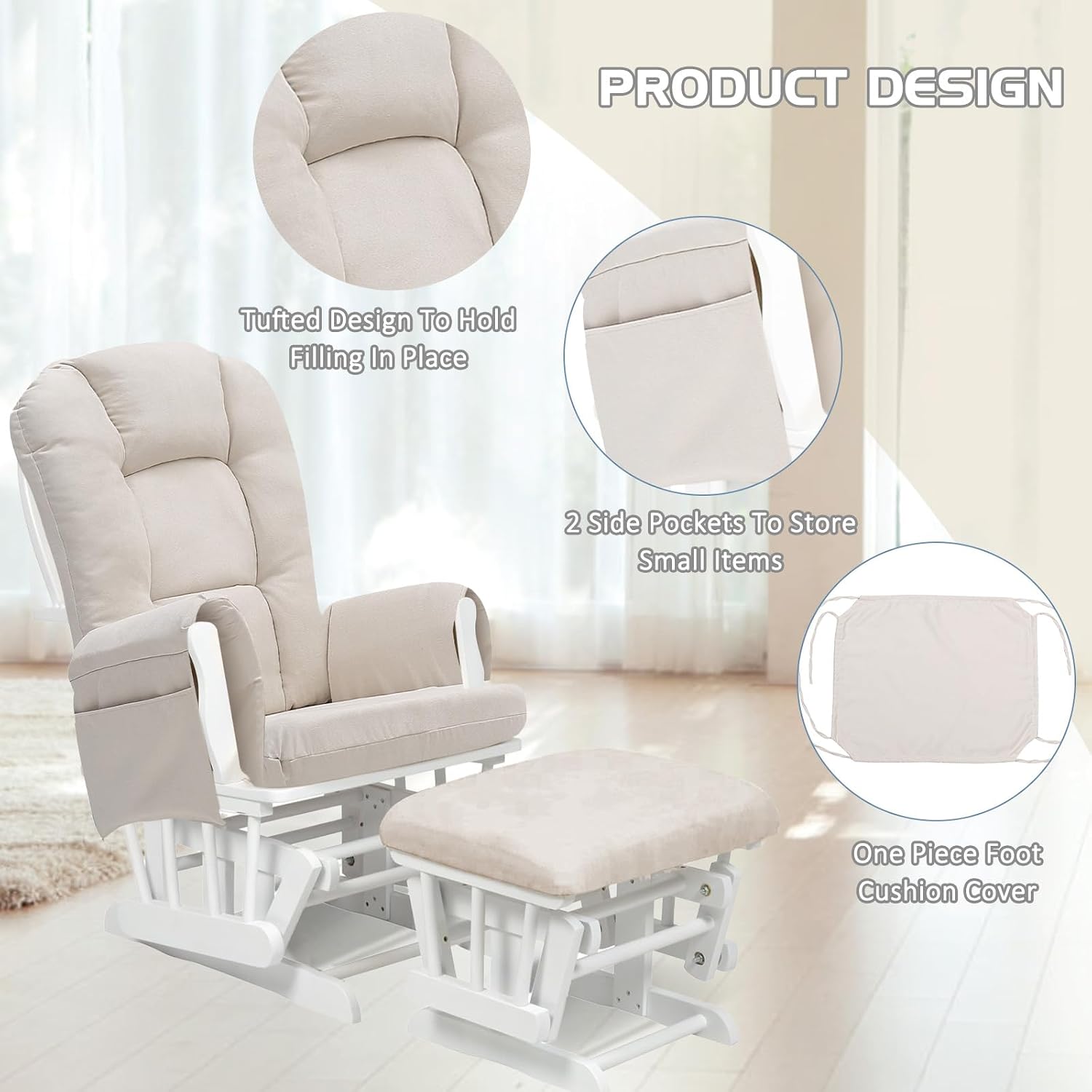 BECHAEO 5PCS Suede Glider Rocker Replacement Cushions with Ottoman Cover Thicken Soft Rocking Chair Cushion Set for Indoor Nursery Glider Rocking Chair, Beige