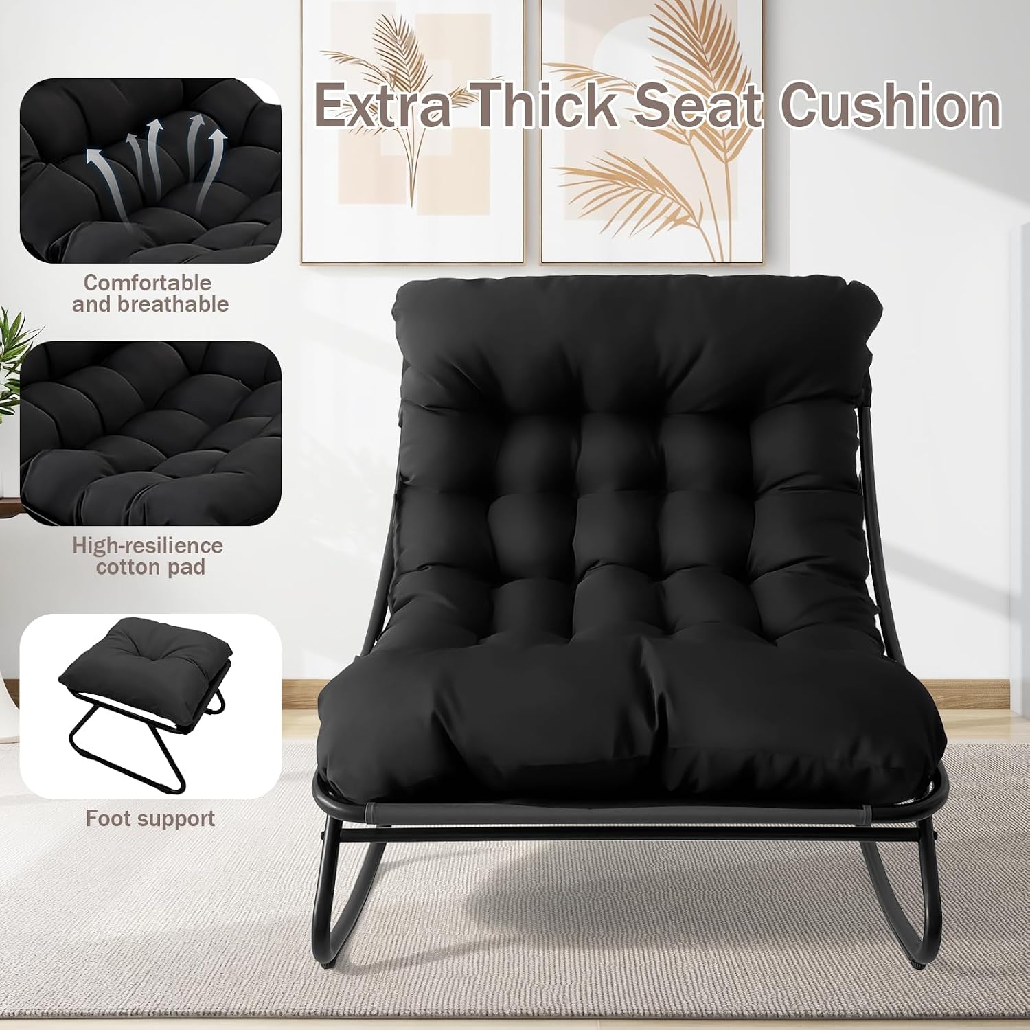 OPLukAS Rocking Chair with Foot Rest, Outside Rocking Chair, Comfy Rocking Chairs with Thick Cushion and Frame, Mecedora for Outside Porch Patio Backyard Balcony Bedroom Offices (Black)