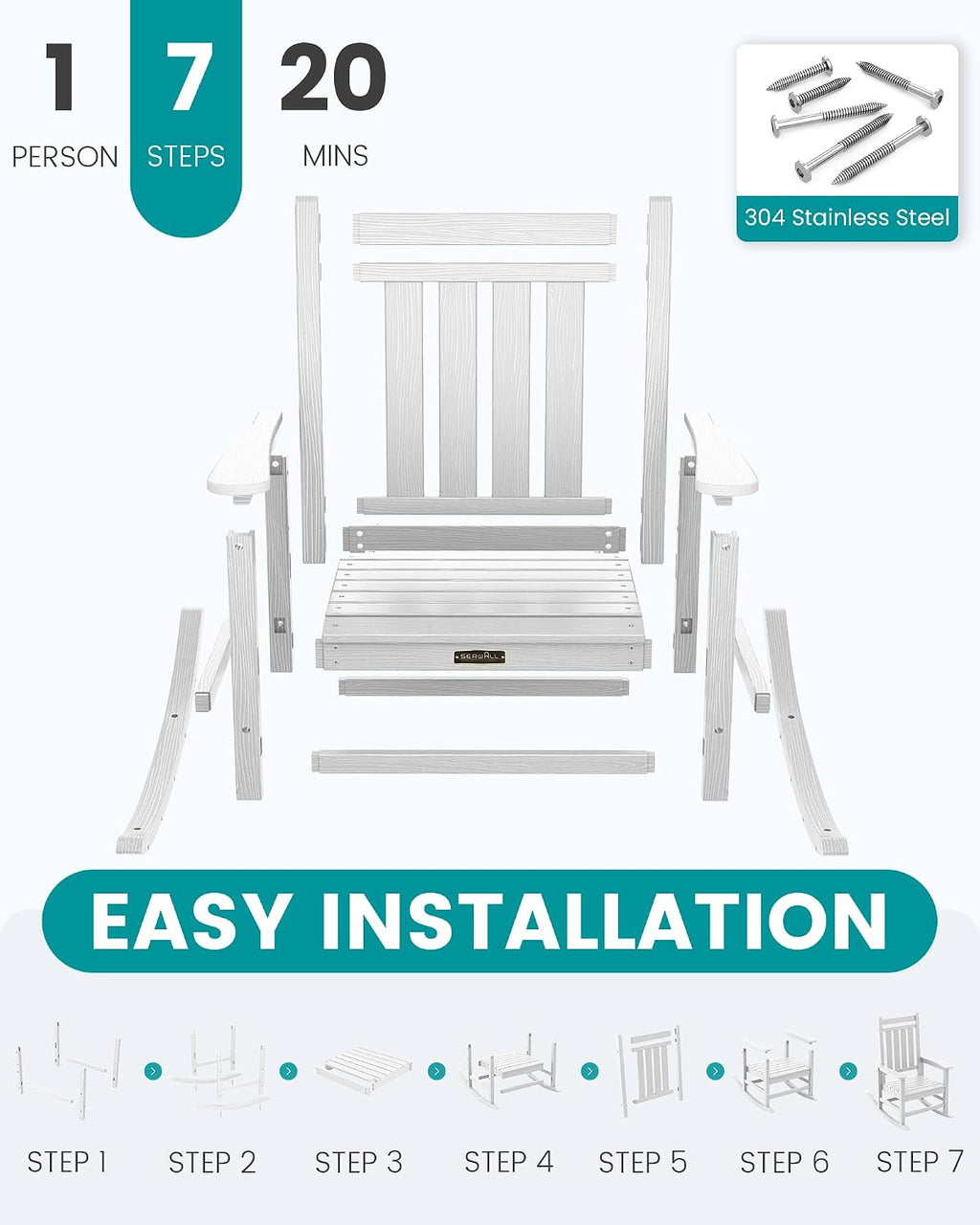 SERWALL SEWALL Oversized Outdoor Rocking Chair with Cushion, Patio Rocking Chairs for Porch, White HDPR Rocker+Flower Cushion