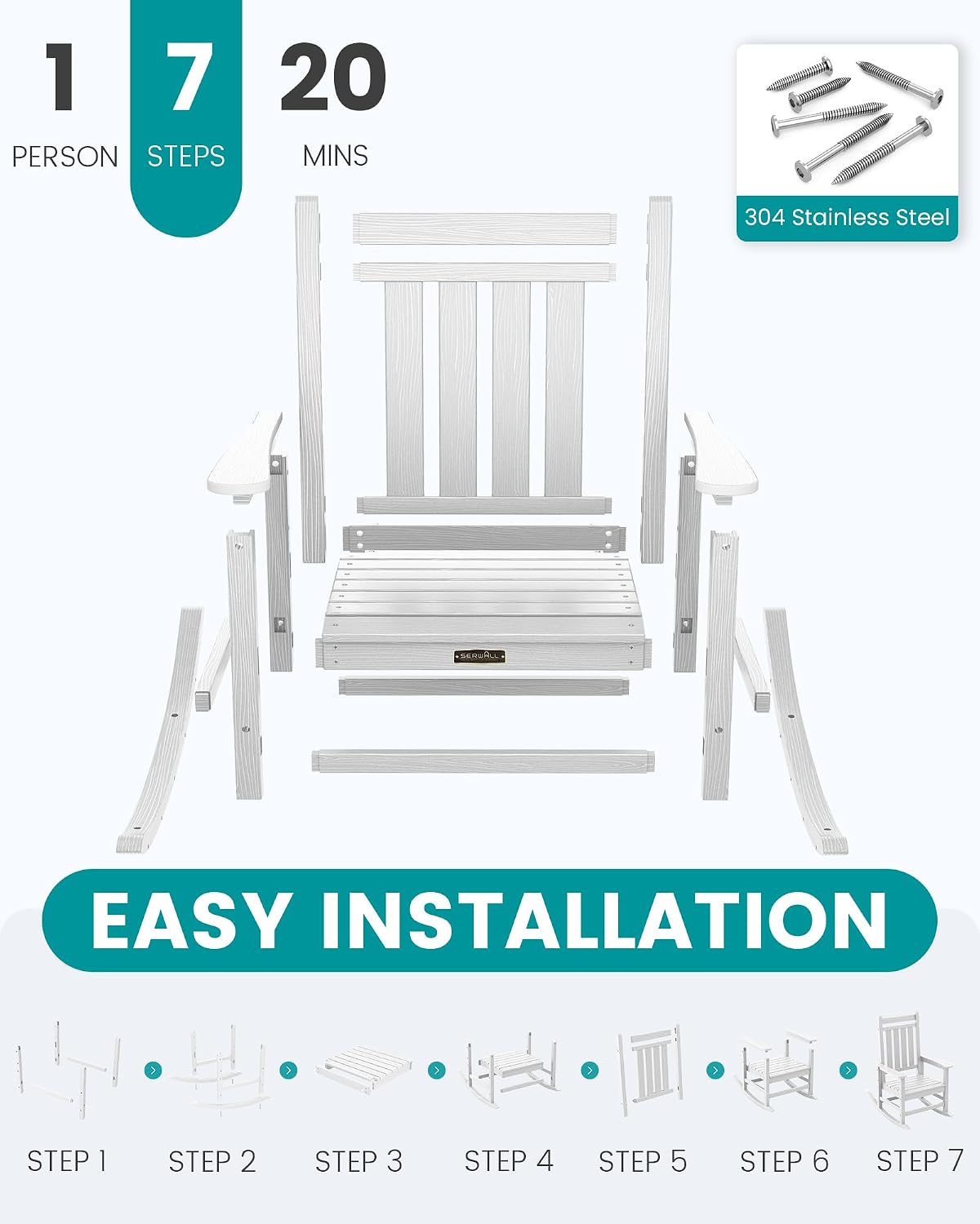 SERWALL SEWALL Oversized Outdoor Rocking Chair with Cushion, Patio Rocking Chairs for Porch, White HDPR Rocker+Flower Cushion
