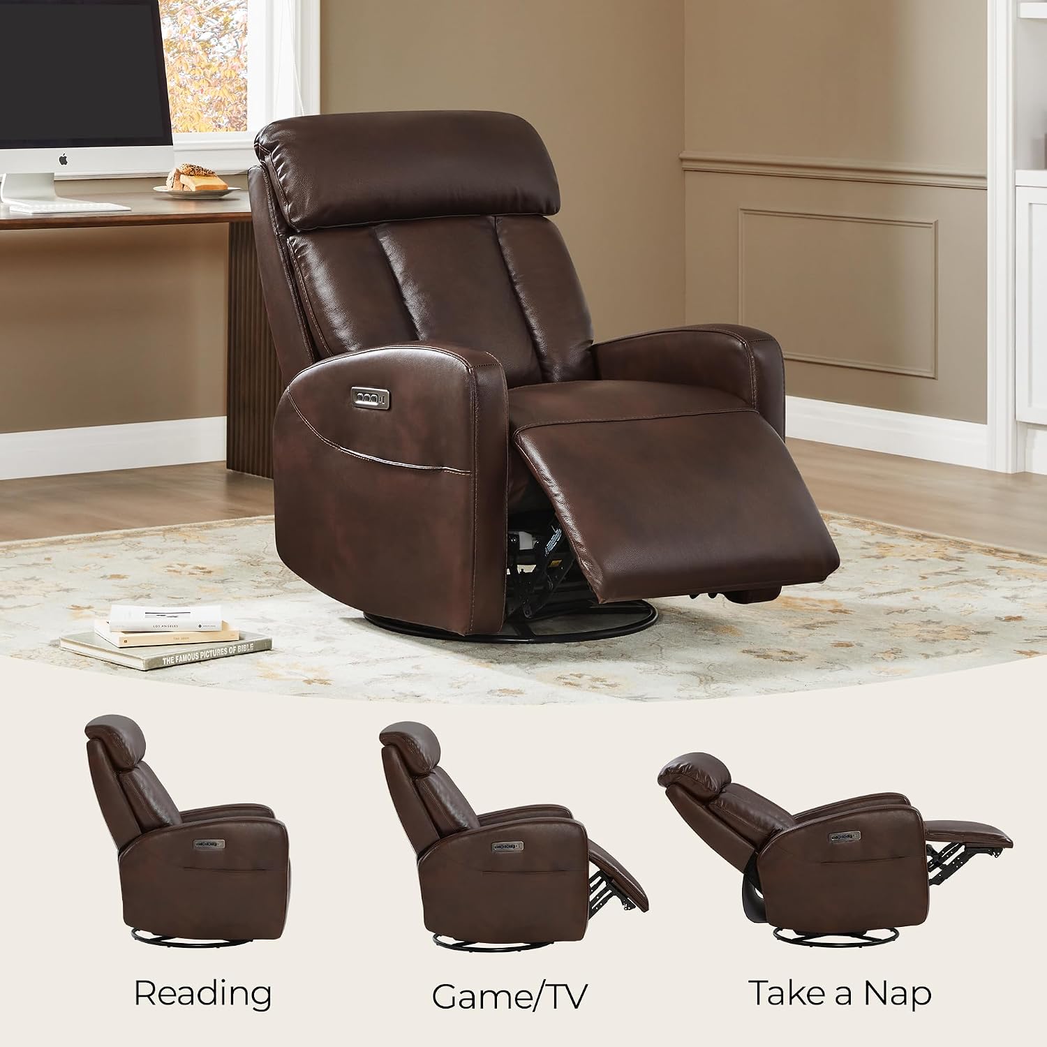 CHITA Leather Power Swivel Recliner Chair for Adults, Triple Motor Electric Rocker Recliner for Living Room with Adjustable Headrest and Lumbar Support, USB & Type-C Charging Ports, Cognac Brown