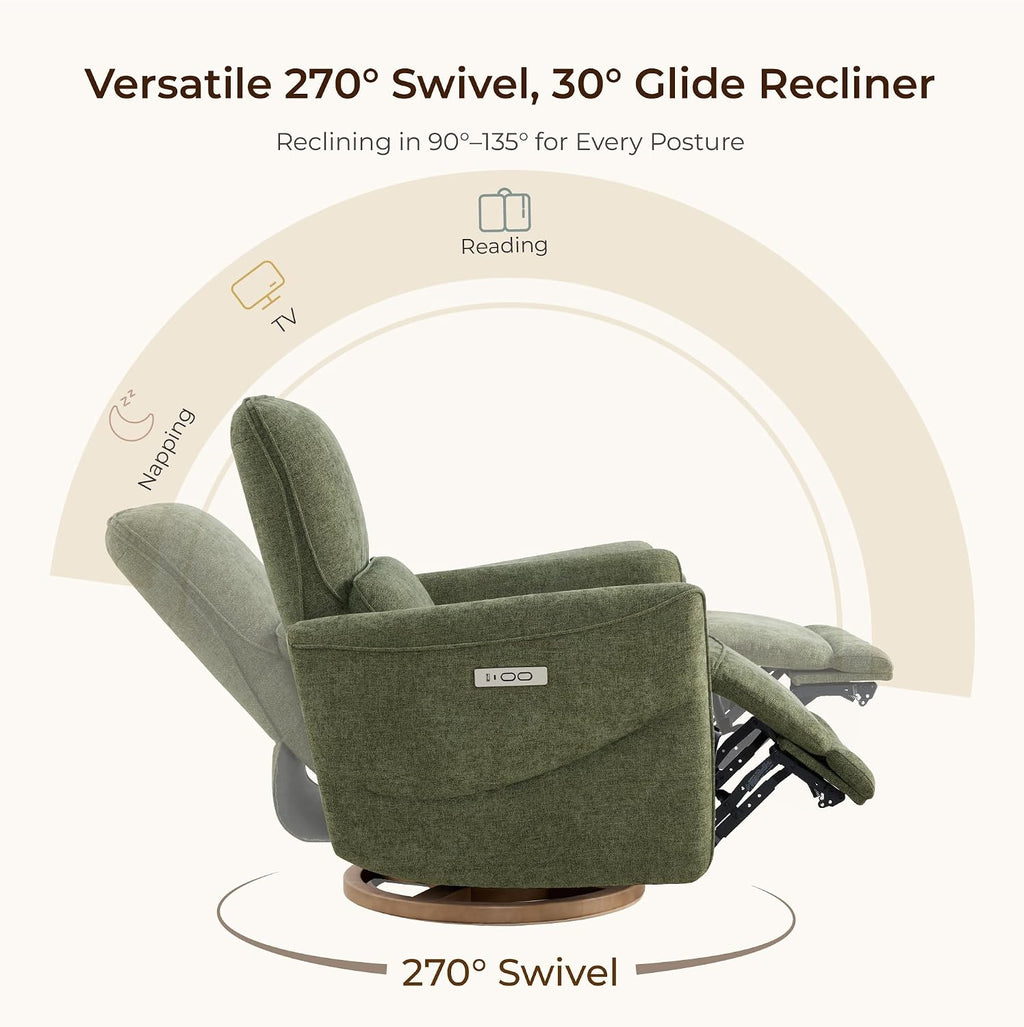CHITA Power Nursery Rocking Chair, Swivel Glider Recliner Chair with Solid Wood Base, Bulit-in USB & Type-C Charging Ports for Living Room, FSC Certified, Moss Green