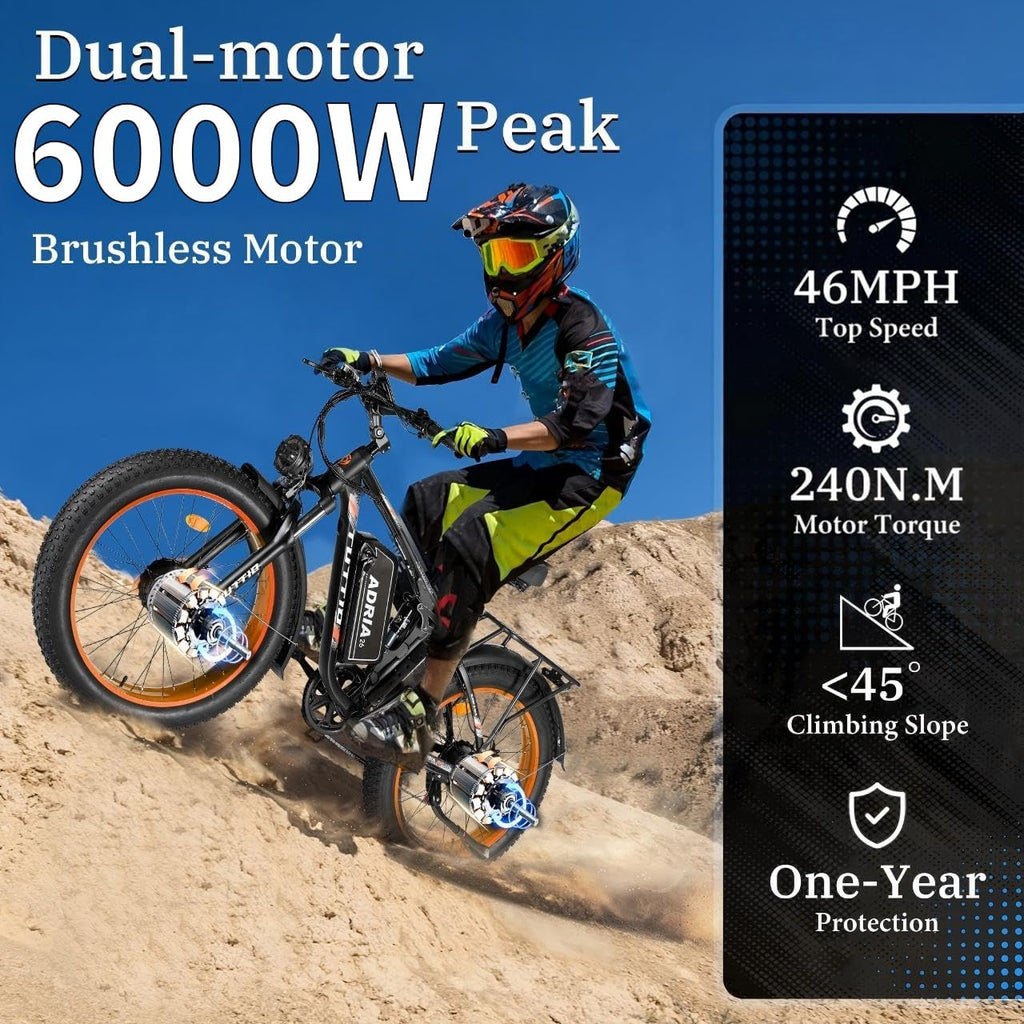 Tuttio-Adria26 6000W/5000W Peak Dual-Motor Ebike for Adults - 52V Fast Ebike, Long-Range Electric Bicycle, Full Suspension, 26 Inch Fat Tire Bike for Off-Road, Mountain, Snow, Hunting, Commuting