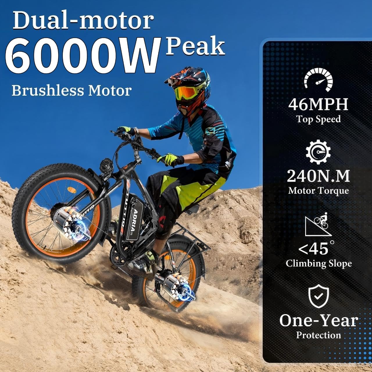 Tuttio-Adria26 6000W/5000W Peak Dual-Motor Ebike for Adults - 52V Fast Ebike, Long-Range Electric Bicycle, Full Suspension, 26 Inch Fat Tire Bike for Off-Road, Mountain, Snow, Hunting, Commuting