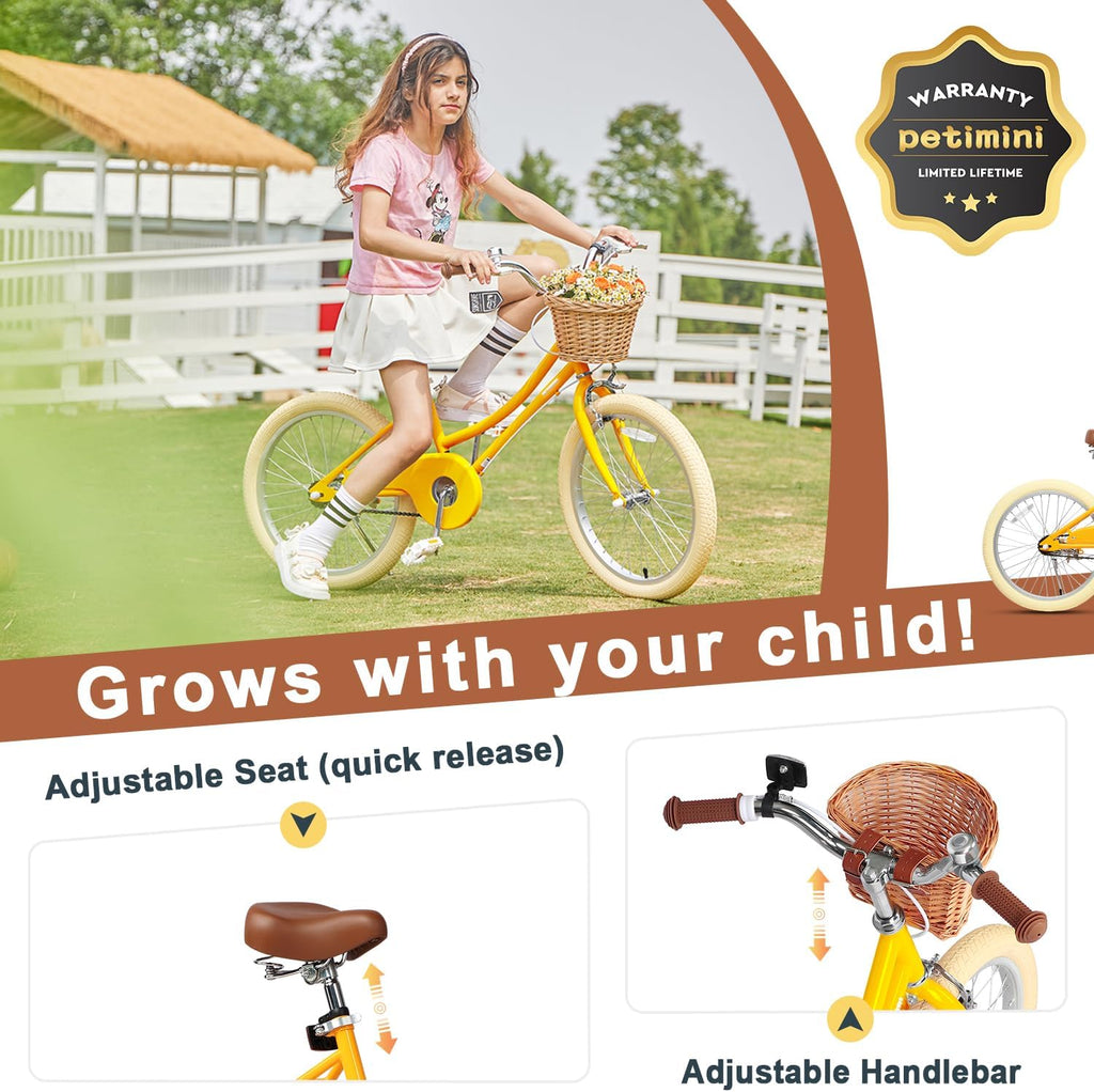 Petimini Vintage Kids Bike for Girls, 12–20 Inch Classic Bicycle with Wicker Basket & Bell, High Tensile Steel Frame, Training Wheels (12–18'), 85% Pre-Assembled, Retro Bike for Outdoor Riding