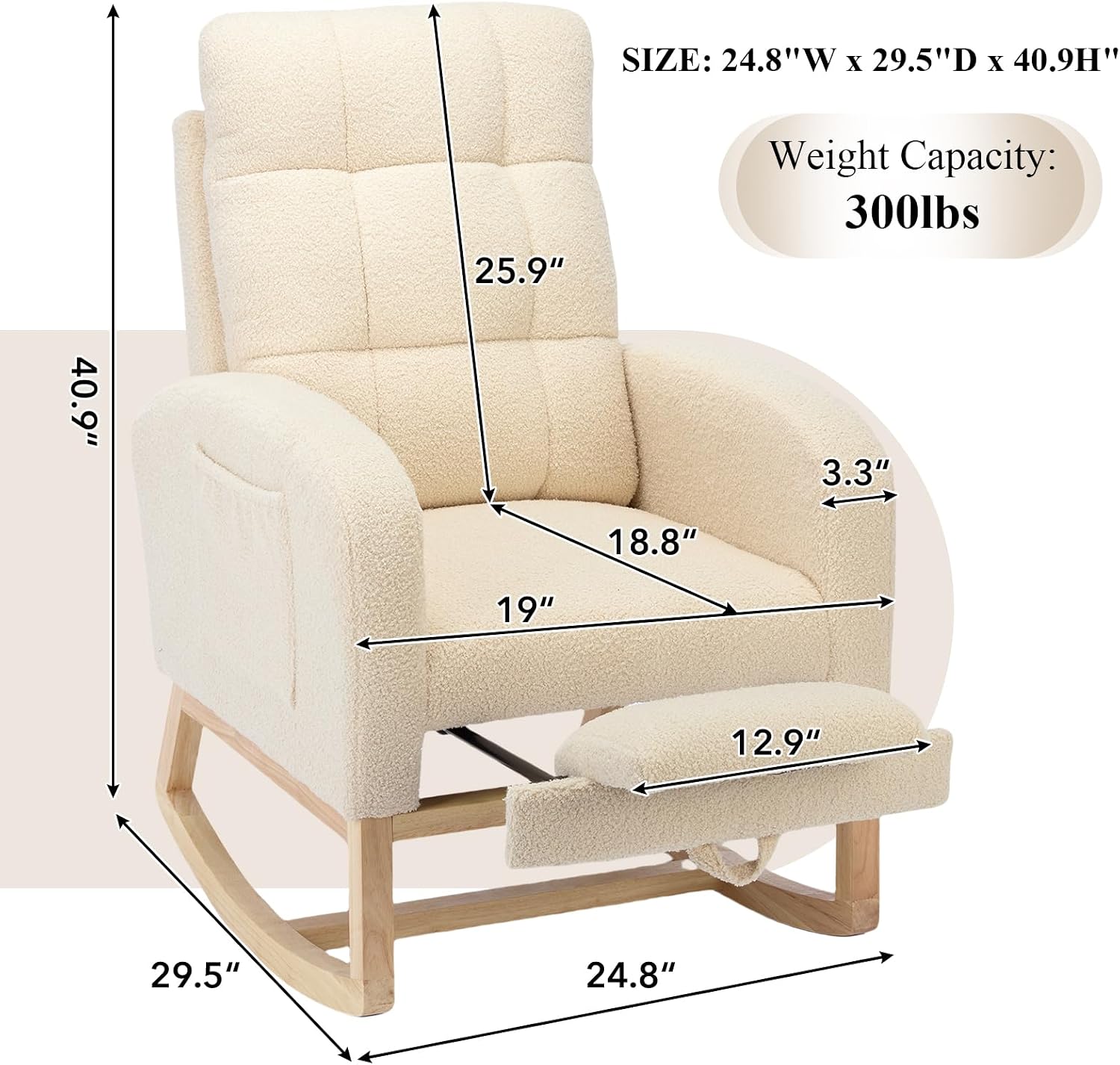 Nursery Rocking Chair, Polyester Upholstered Glider Chair with Footrest, Comfy Rocker Chair, Accent Chair with High Backrest, Glider Rocker, Armchair for Living Room (Beige Teddy)