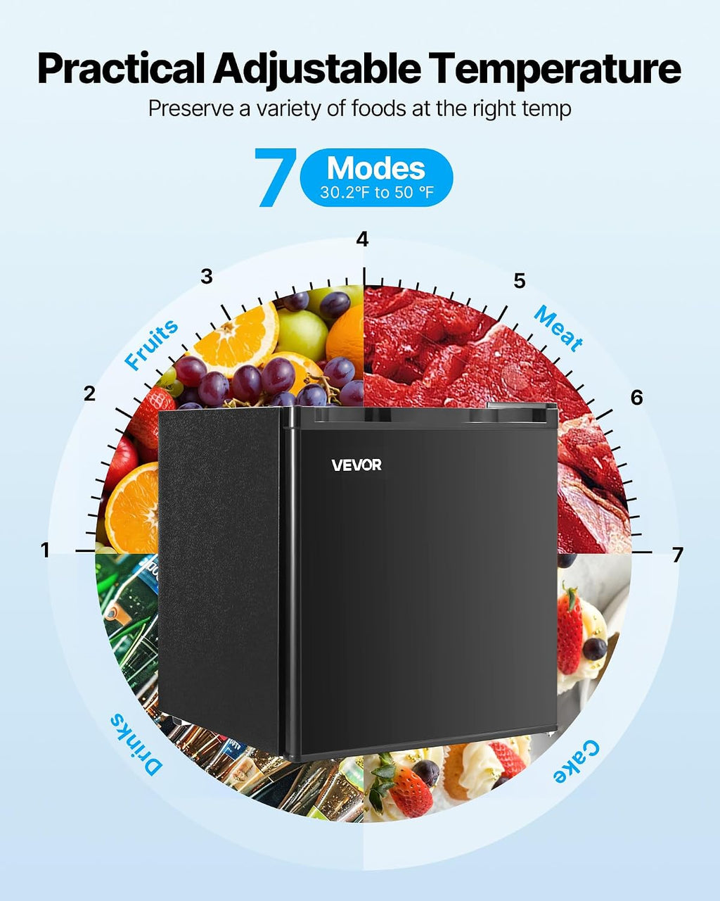 VEVOR Mini Fridge with Freezer, 1.6 Cu.Ft Compact Refrigerator w/Micron Freezer Zone, 7-Modes Adjust Temp, Energy Efficient Small Fridges, Reversible Door, Low Noise, for Bedroom Dorm Office, Black