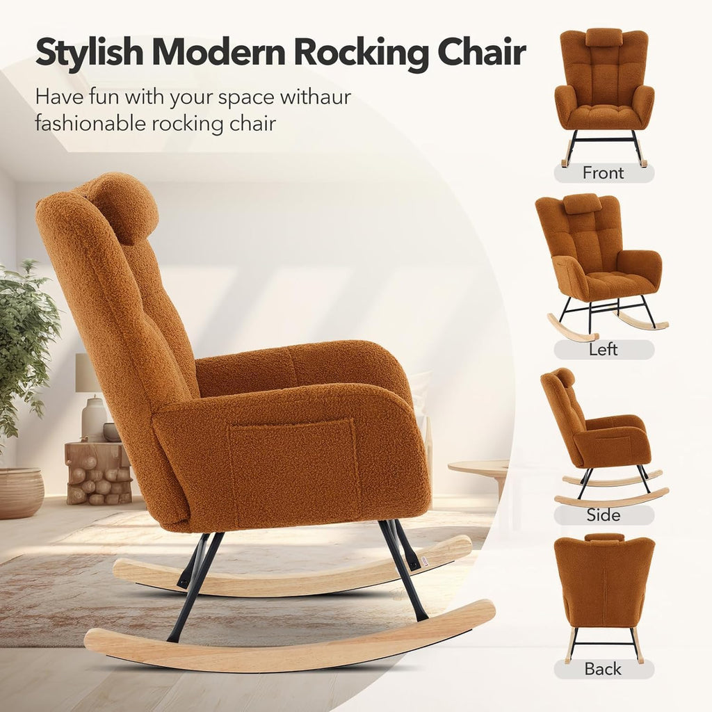 Rocking Chair Nursery Teddy with Pillow&High Backrest Armchair,Fabric Upholstered Accent Chair Nursing Chairs for Living Room, Bedroom,Brown