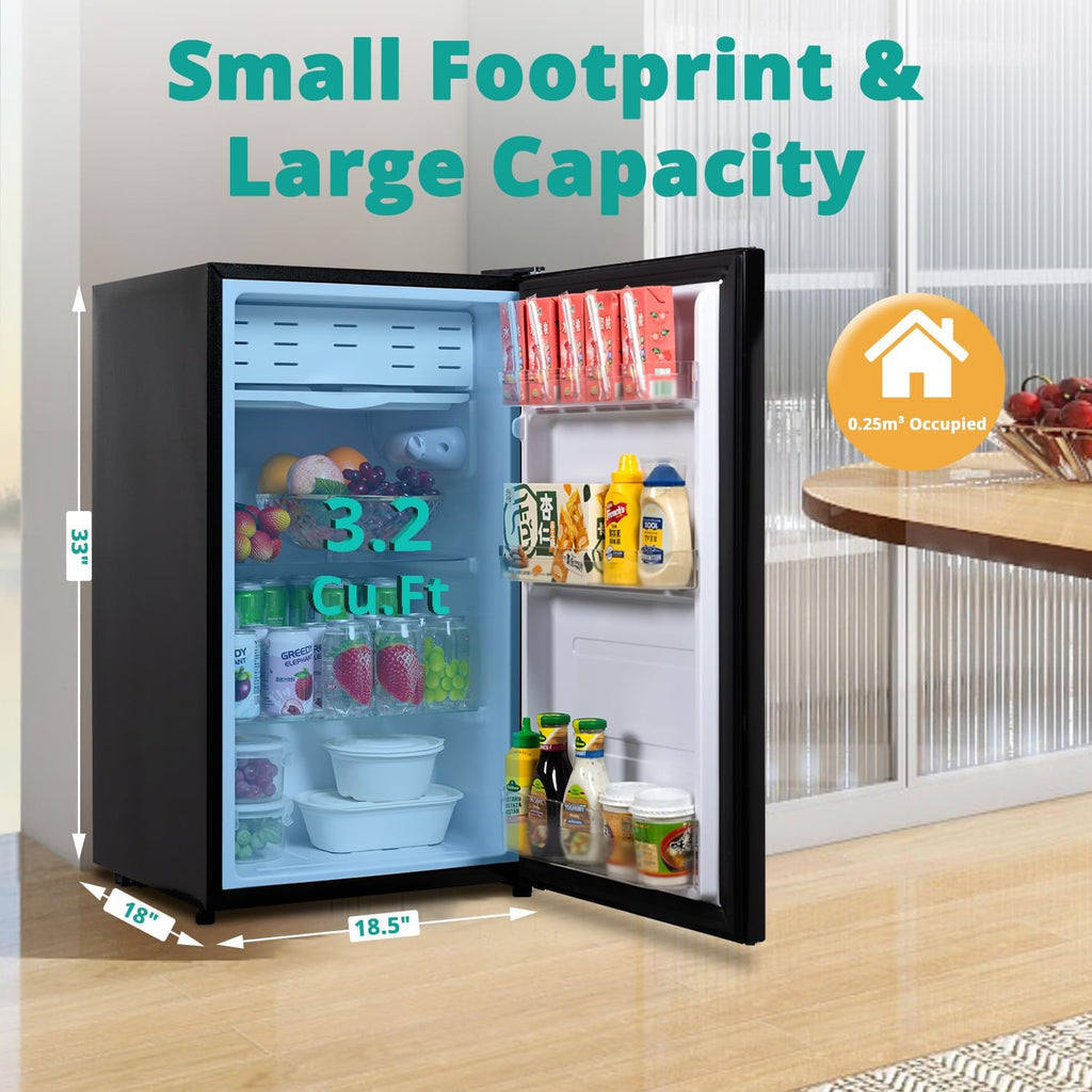 3.2 Cu.Ft Small Refrigerator Single Door, Mini Fridge for Bedroom Office Dorm Kitchen Undercounter, Compact Cooler with Removable Glass Shelves Quite Operation, Black
