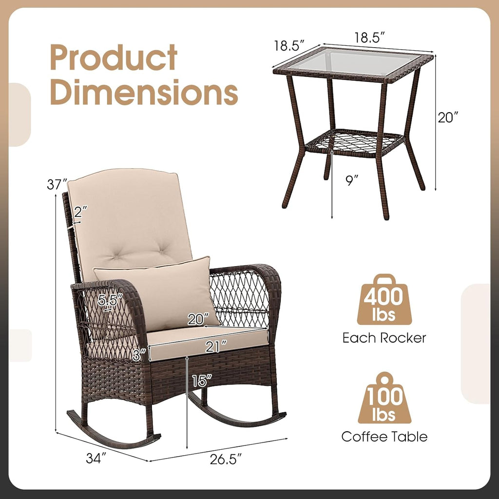 Tangkula 3 Piece Patio Rocker Set, Patiojoy Outdoor Wicker Rocking Chairs w/Double-Layer Coffee Table, Rattan Rocker Chair Set w/Seat Back Cushions & Pillows, for Porch, Backyard, Poolside (Beige)