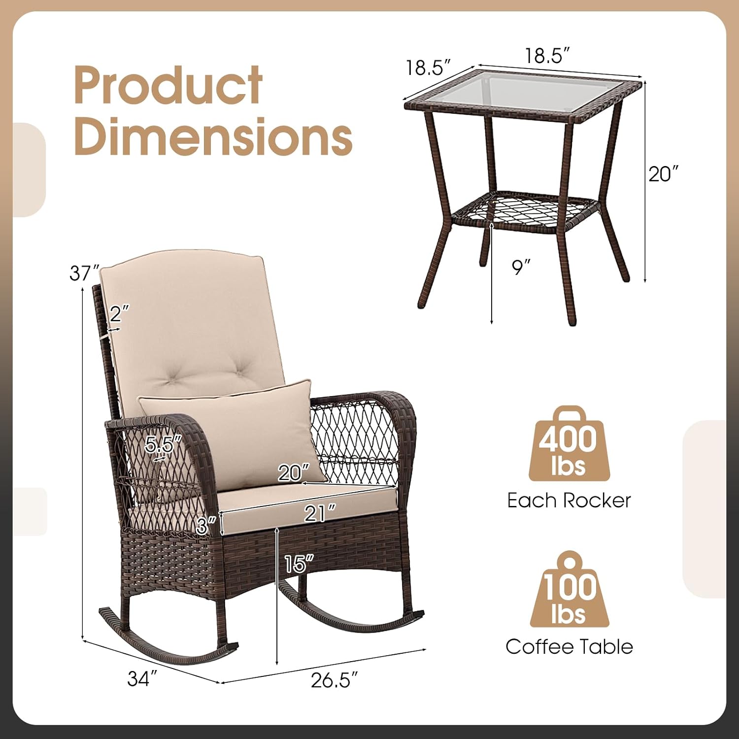 Tangkula 3 Piece Patio Rocker Set, Patiojoy Outdoor Wicker Rocking Chairs w/Double-Layer Coffee Table, Rattan Rocker Chair Set w/Seat Back Cushions & Pillows, for Porch, Backyard, Poolside (Beige)