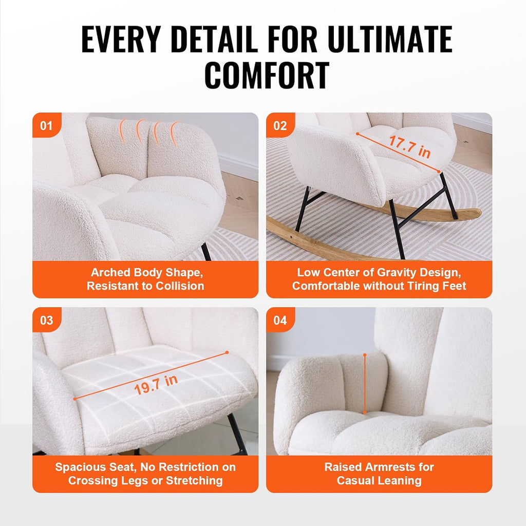 VEVOR Rocking Chair Nursery, Glider Rocking Chair with Soft Seat and High Backrest, 250 lbs Weight Capacity Teddy Fabric, Upholstered Glider Rocker Chair for Nursery, Bedroom, Living Room, Ivory White