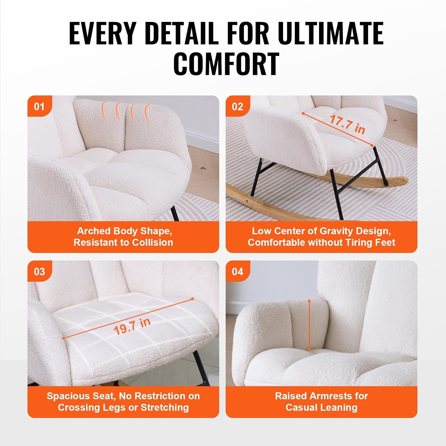 VEVOR Rocking Chair Nursery, Glider Rocking Chair with Soft Seat and High Backrest, 250 lbs Weight Capacity Teddy Fabric, Upholstered Glider Rocker Chair for Nursery, Bedroom, Living Room, Ivory White