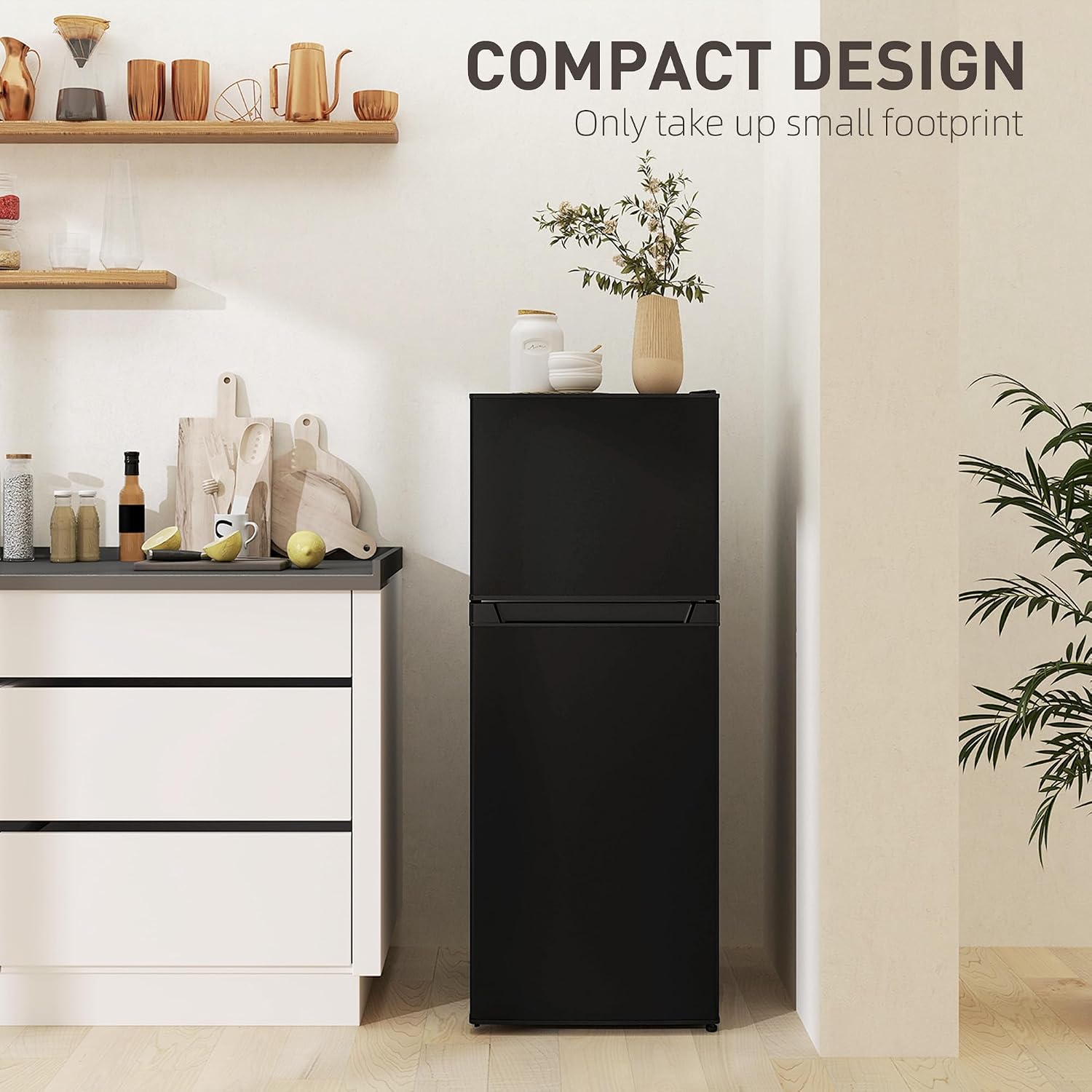 HOMCOM 4 Cu.Ft Mini Fridge with Freezer, Double Door Compact Refrigerator with Adjustable Thermostat, Shelf and Reversible Door for Bedroom, Dorm, Home Office, Energy Efficient, Black