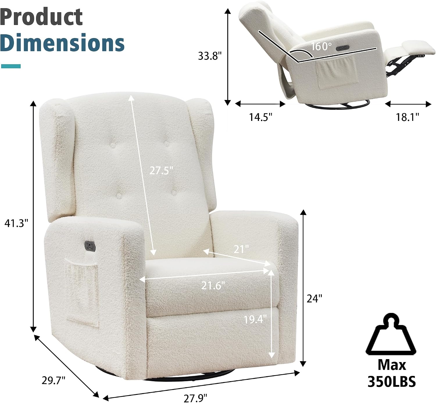 Ketaiyou Power Swivel Rocking Recliner Chair, High Back Electric Rocker Nursery Glider Chair, USB and Type-C Ports, Upholstered Teddy Fabric Reclining Single Sofa Chair for Living Room (Teddy Beige)