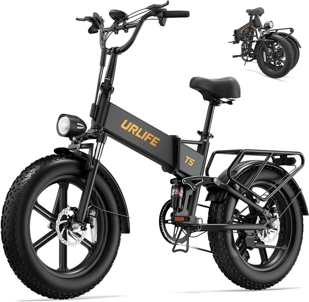 URLIFE Folding Electric Bike for Adults, 48V Motor, 60-80 Miles per Charge, 20'x4' Fat Tires with Quad-Link Full Suspension, 7-Speed & LED Display