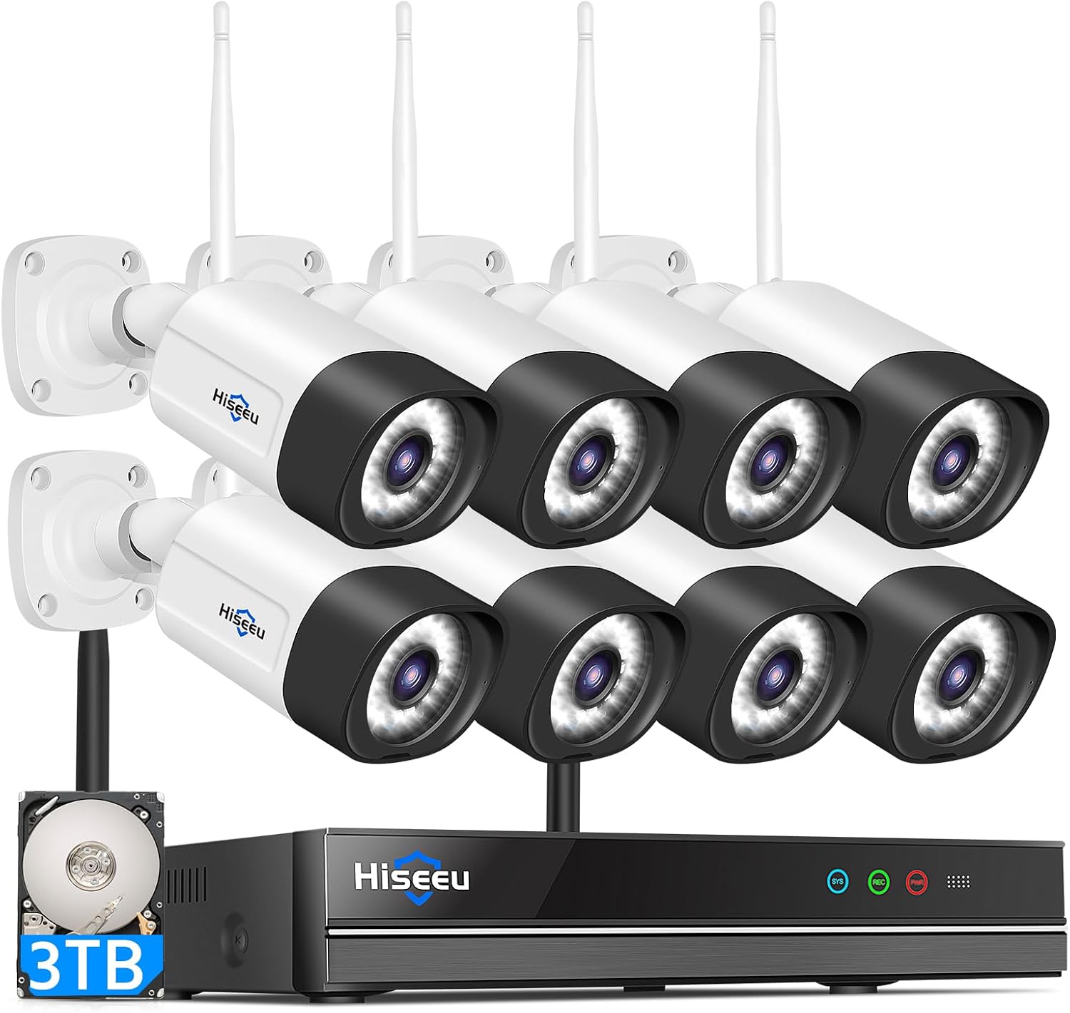Hiseeu 5MP Outdoor WiFi Security Camera System, 16CH 8 Cam Kit, 2-Way Audio, Color Night Vision, IP66 Waterproof, 3TB Storage, No Monthly Fees