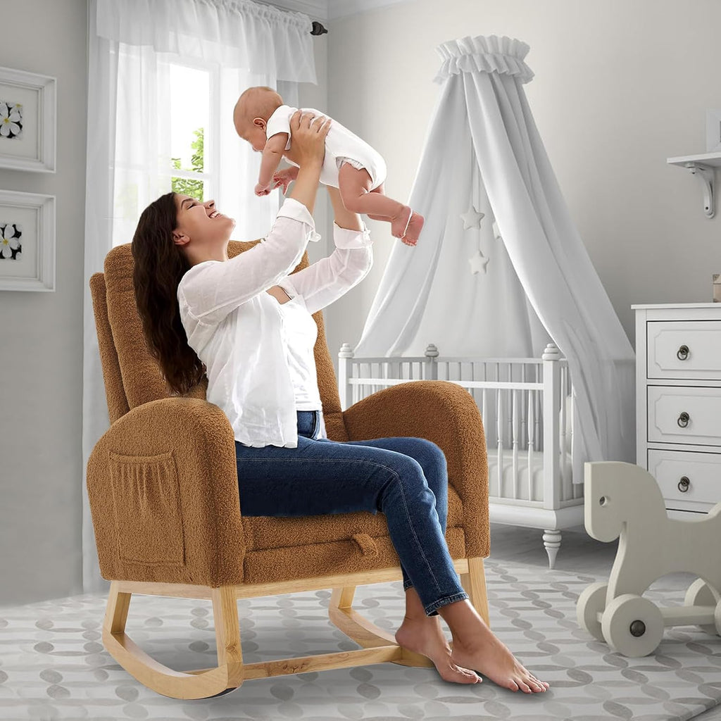 cinkehome Nursery Rocking Chair with Retractable Foot Rest, Teddy Glider Rocking Chair, Mid Century Rocker Chair, High Back, Solid Wood Legs