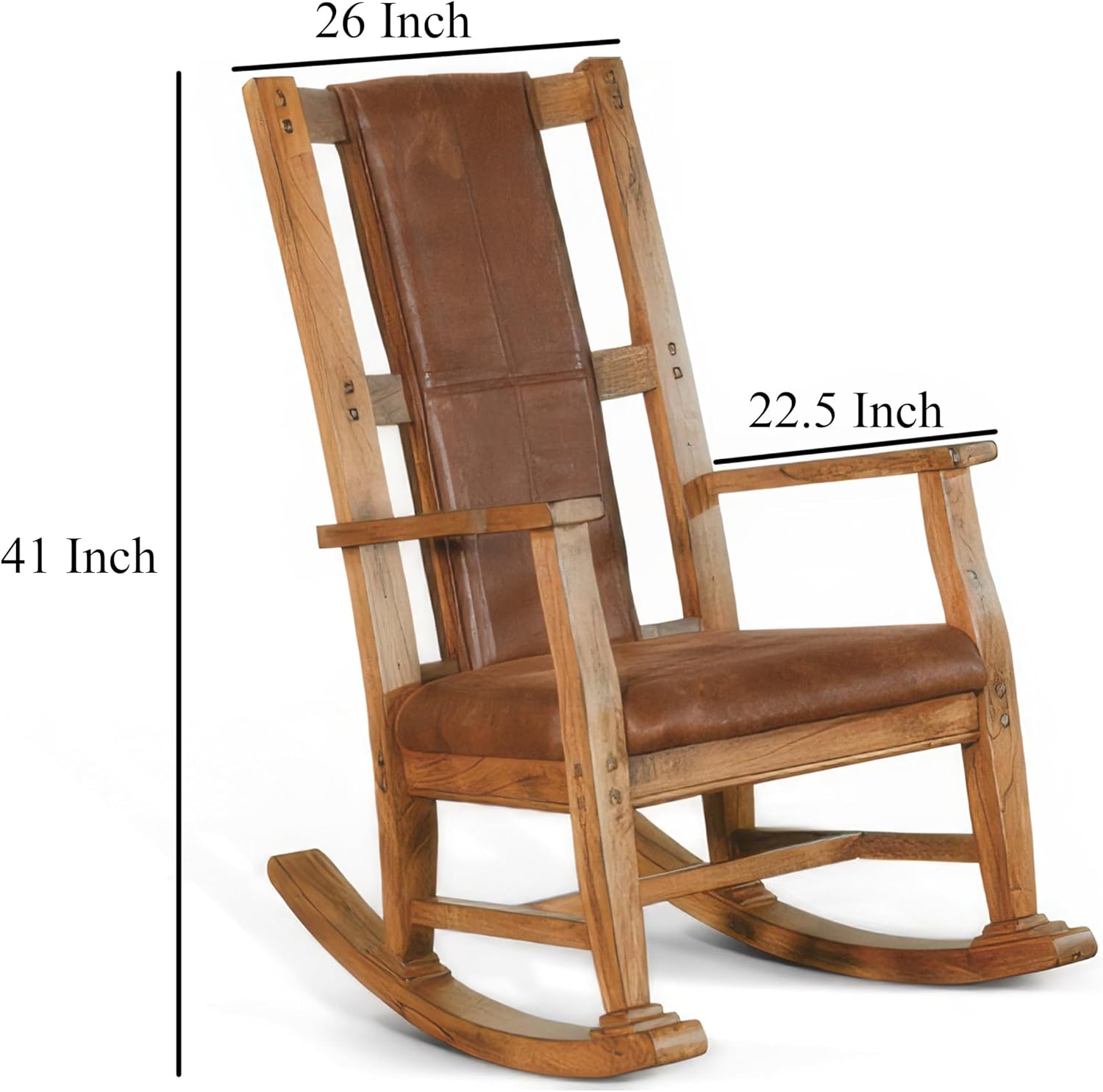 Benzara Marv Rocking Chair with Faux Leather Seat and Back- Rustic Oak Brown