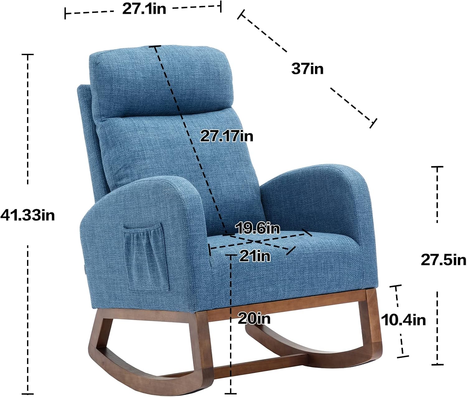 Modern Rocking Chair with Breathable Yellow Linen & Solid Wood Legs - Recliner Glider Armchair Featuring Side Pocket, High Back Support for Nursery, Living Room, Bedroom (Blue)