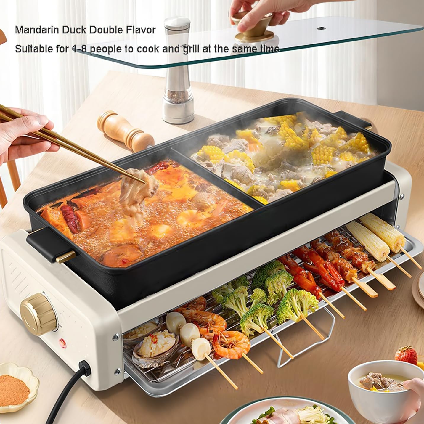 5L Electric Hot Pot Grill, Indoor Smokeless Multi-Layer BBQ and Boiling Cooker with Baking Tray, Large Capacity for 1-8 People, Mandarin Duck Double Flavor Design