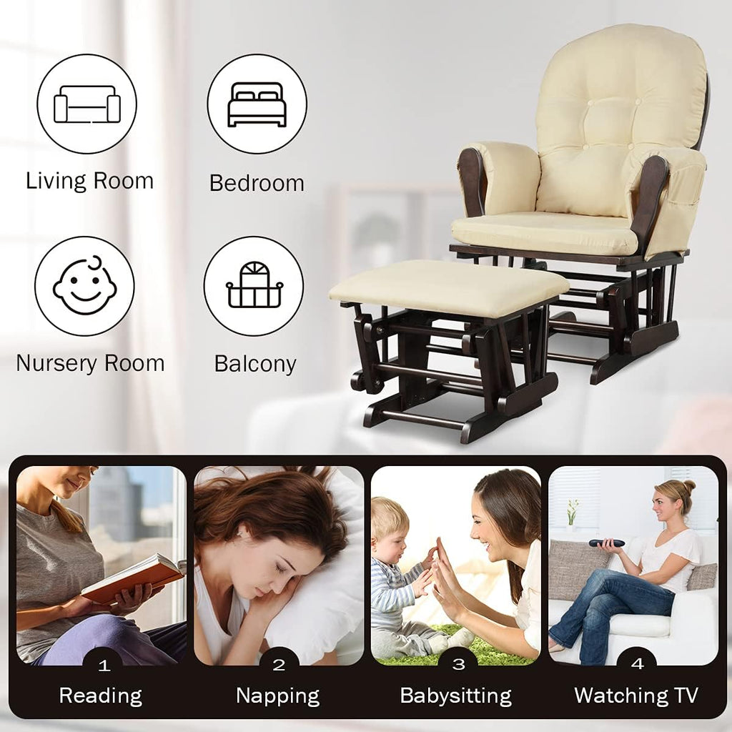 Costzon Glider and Ottoman Set, Wood Glider Rocker for Nursery, Upholstered Comfort Nursing Rocking Chair with Storage Pocket, Padded Armrests & Detachable Cushion, Easy to Assemble (Beige)