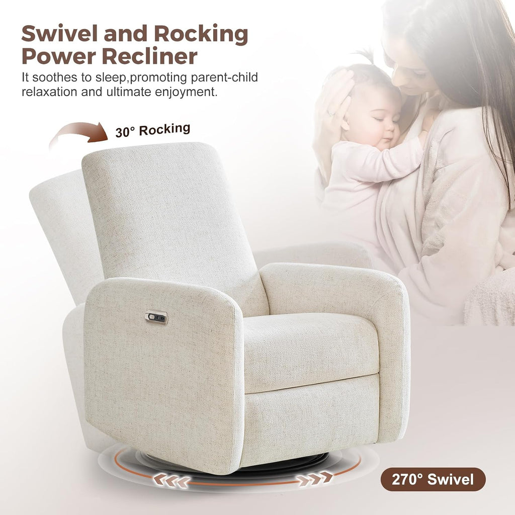 Power Recliner Chair, Swivel Rocker Recliner with USB A/C Charging Ports & Smooth Swivel Motion, Chenille Upholstered Rocking Chair for Nursery,Living Room, Bedroom, 1PC, Cream