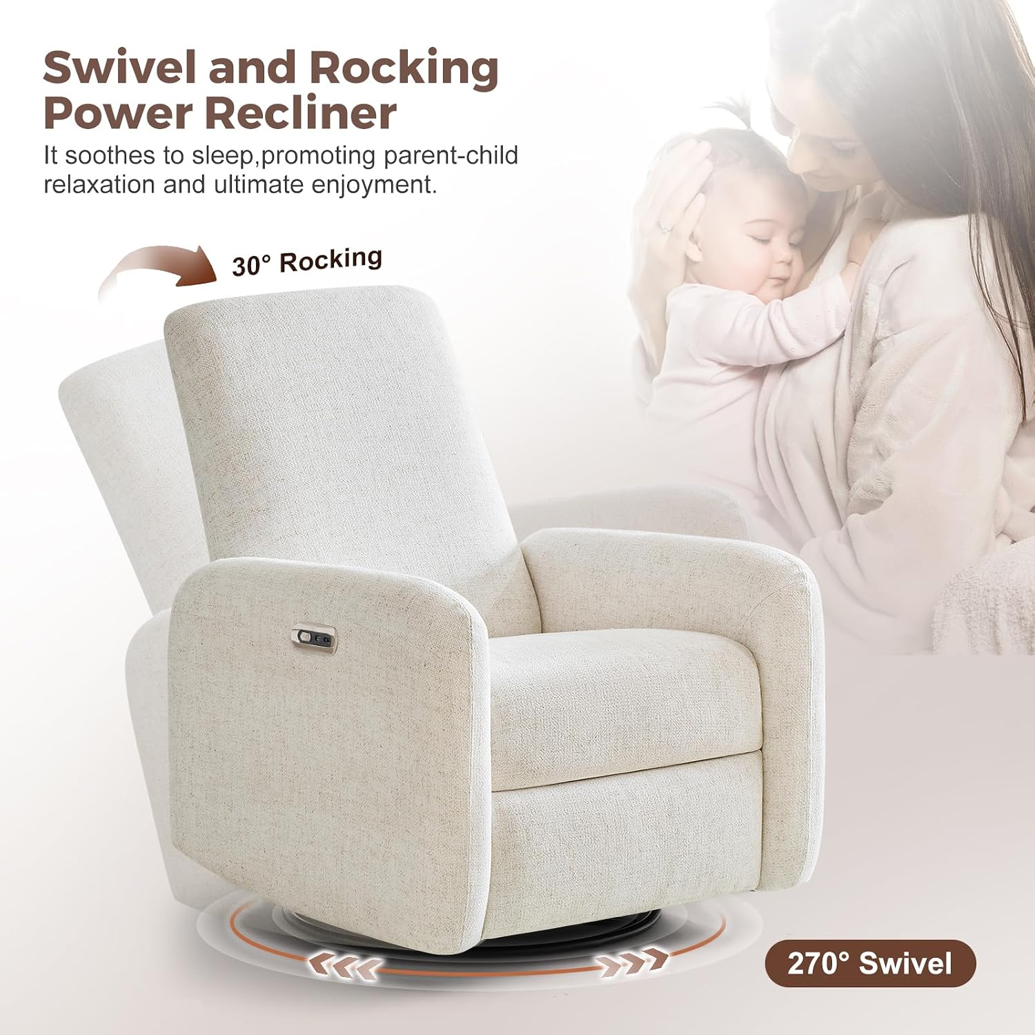 Power Recliner Chair, Swivel Rocker Recliner with USB A/C Charging Ports & Smooth Swivel Motion, Chenille Upholstered Rocking Chair for Nursery,Living Room, Bedroom, 1PC, Cream
